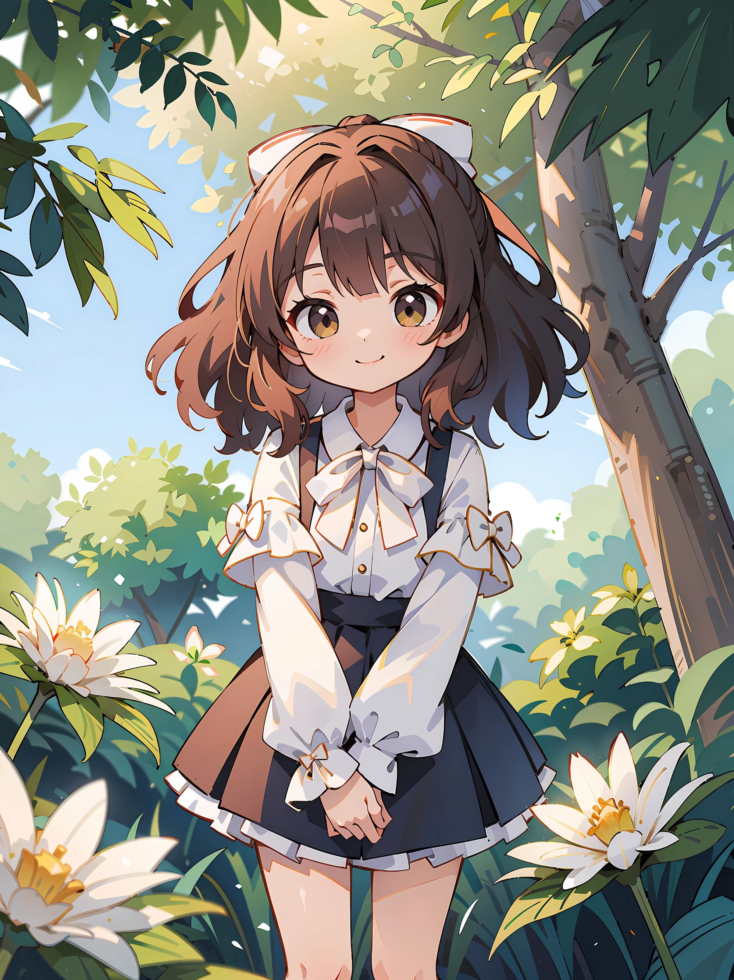 (tmasterpiece:1.2), Best quality at best, A high resolution, Original, (The is very detailed:1.2), ultra - detailed, the wallpaper, perfect litthing,(The is very detailed CG:1.2), 8K, anime illustration, 1个Giant Breast Girl, Alone, Smiling, curlies, (White bow sleeve shirt, bows on sleeves:1.lace-up knee-length skirt:1.2), standing in the park, There are flowers and trees around, Sunlight shines through the gaps in the leaves, and the sun was shining brightly, closeup cleavage, Frontal lobe, looking at viewert, Unified 4K