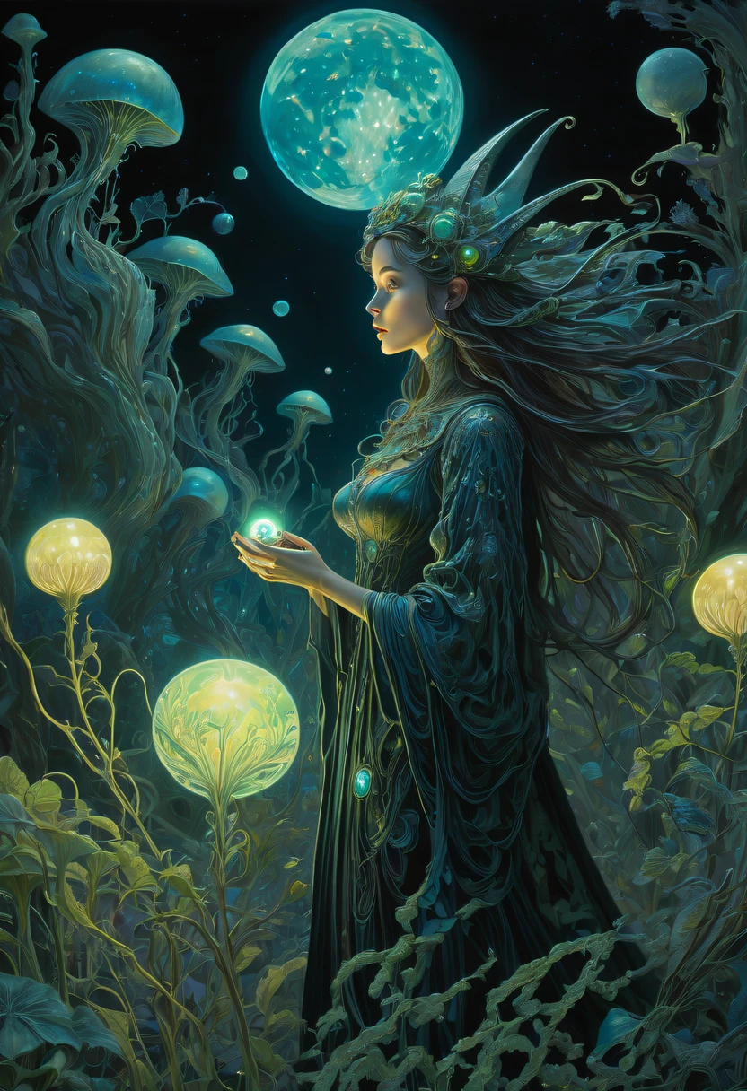 Images of a fascinated witch encountering alien life forms, Illumination of bioluminescent plants, The content is very detailed, hyper realisitc, 10k high resolution, Gouache style, scribble art, Glaslorne, Influenced by Art Nouveau, Given, and future, The Art of Lunar Encryption Wow,