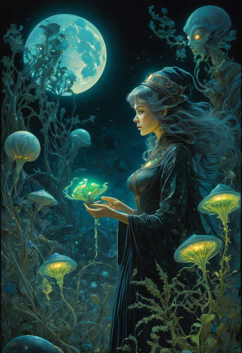 Images of a fascinated witch encountering alien life forms, Illumination of bioluminescent plants, The content is very detailed, hyper realisitc, 10k high resolution, Gouache style, scribble art, Glaslorne, Influenced by Art Nouveau, Given, and future, The Art of Lunar Encryption Wow,