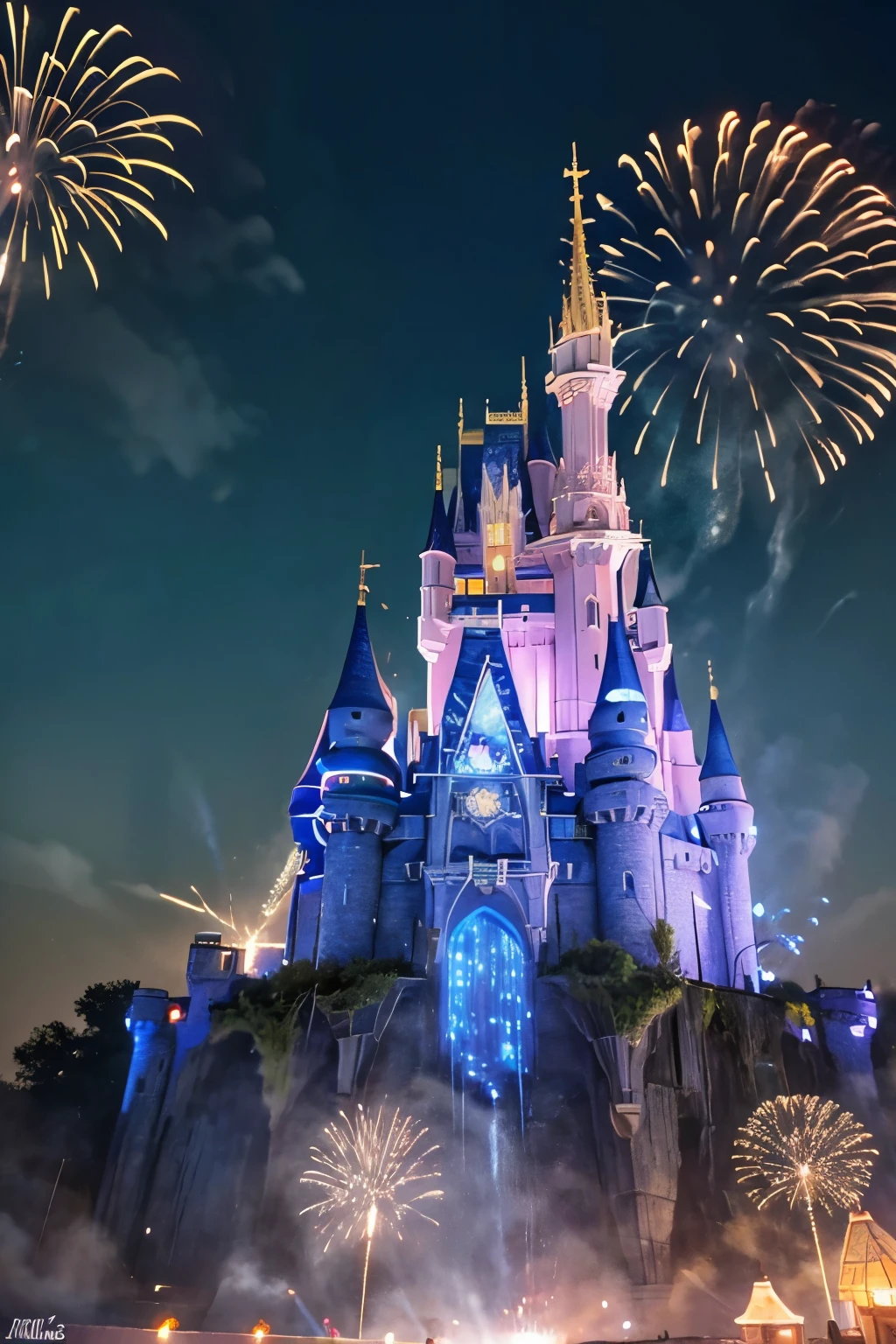 3Drenderingof,Night view of Disney Castle,Disney Pixar,Detailed pubic hair,Fireworks bloom in the sky,