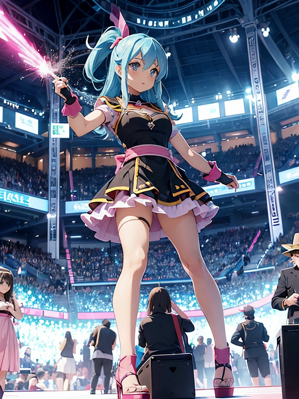 A woman in a pink dress stands in front of a crowd, konosuba anime style, Konosuba, aqua from konosuba, joseph joestar, today's featured anime still, an angry muscular army general, megumin from konosuba, official anime still, Black Magician Girl, an epic anime of tuff luck, Official art