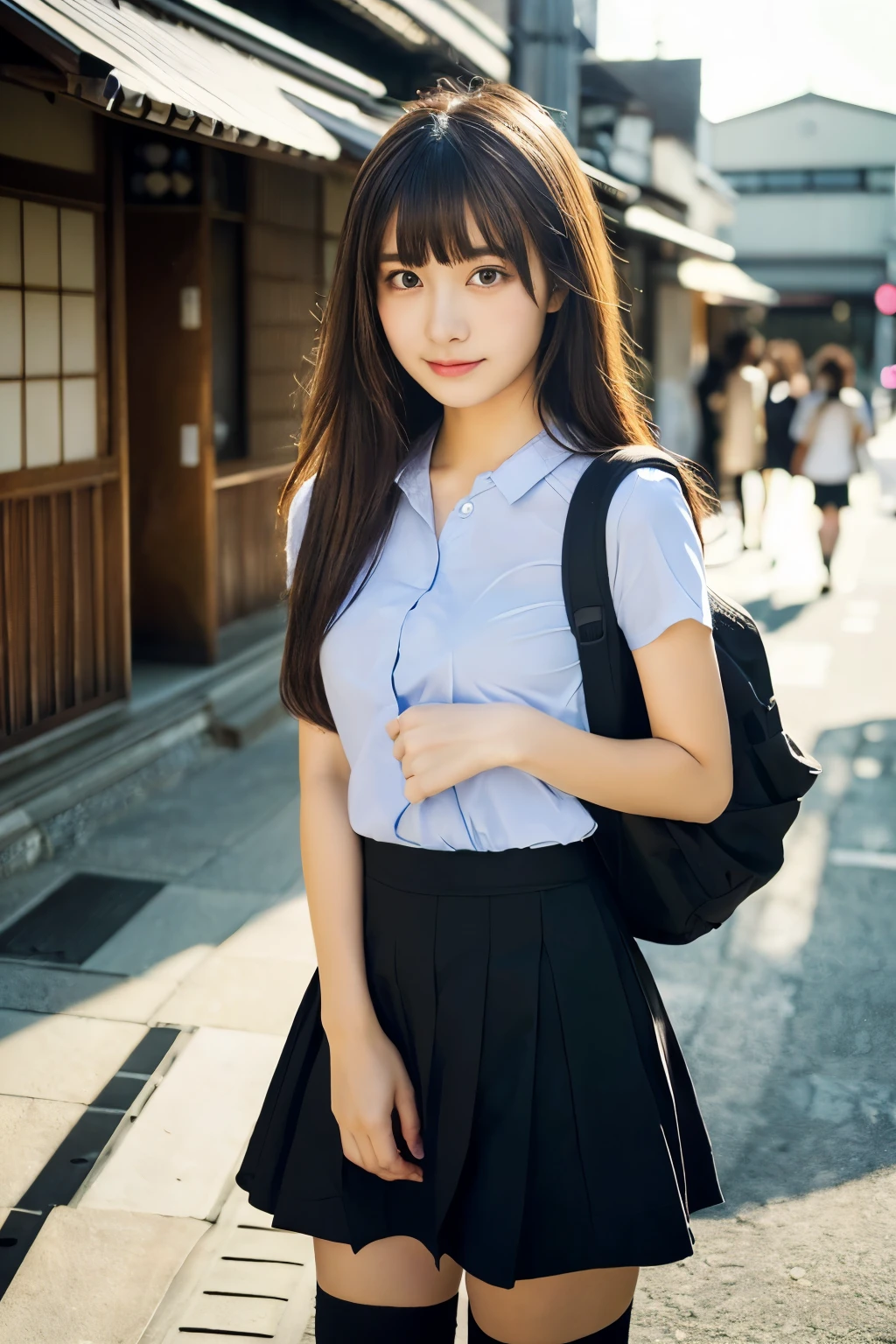 ((Japanese high school girl、Downtown Kyoto、Walking、Shot from a distance、Not looking at the camera、Light blue shirt、Shirt with tight chest、Moderately sized breasts、a miniskirt、high socks、lowfers、Black backpack、thighs thighs thighs thighs、Photograph the whole body))、(realisitic、Photorealsitic、ultra-detailliert、Highest Details Skins、top-quality、masterpiece、超A high resolution)、Cute Japan Woman、17 age、1 girl in、I have bangs、二重まぶた、drooing eyes、Large black eyes、Japanese style face、Long black hair