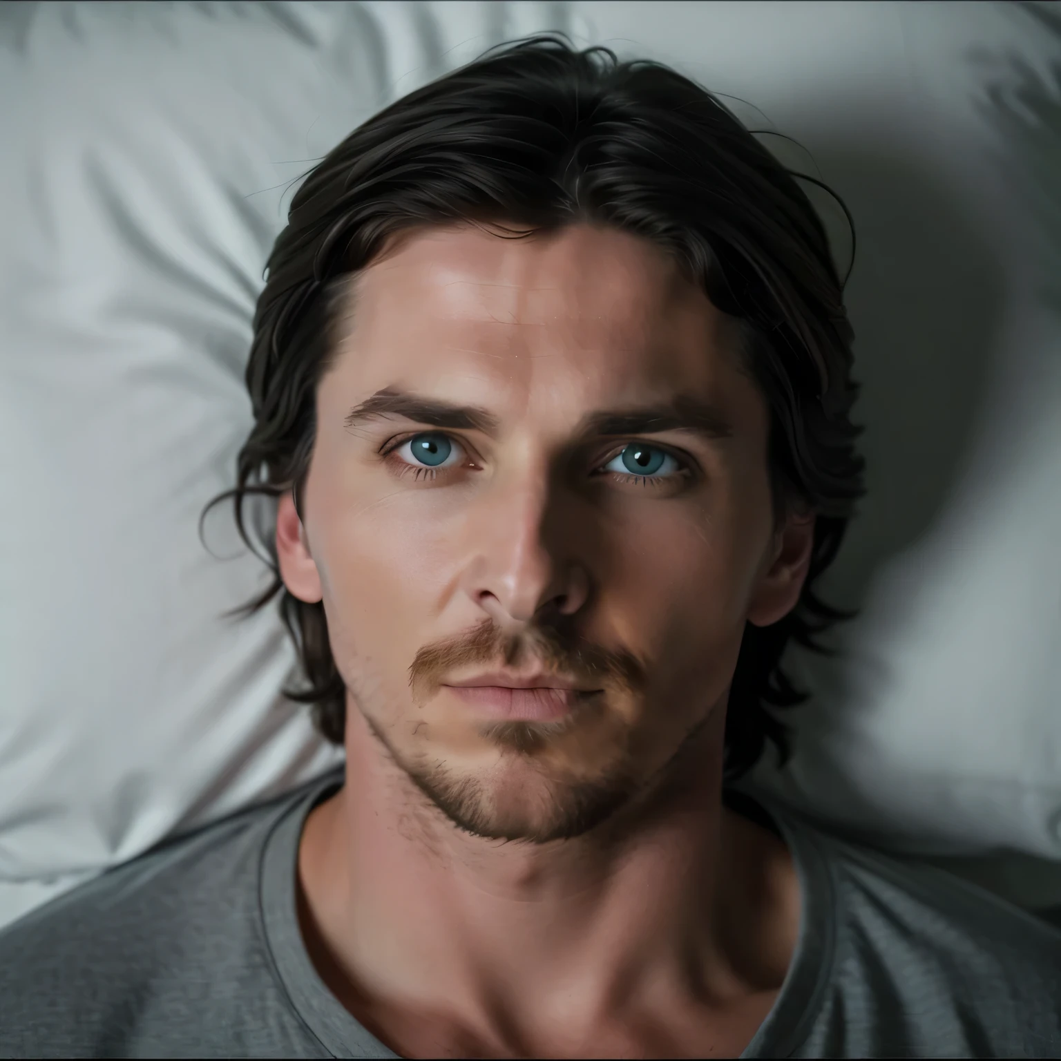 arafed man laying in bed with a pillow and a white pillow, christian bale, doing the bateman stare, bedroom eyes, waking up, fan art, good looking face, high res, looking intensely at the camera, his frank blue eyes, close - up portrait shot, perfect handsome face, handsome face, promotional still, full scene shot, his eyes look wise