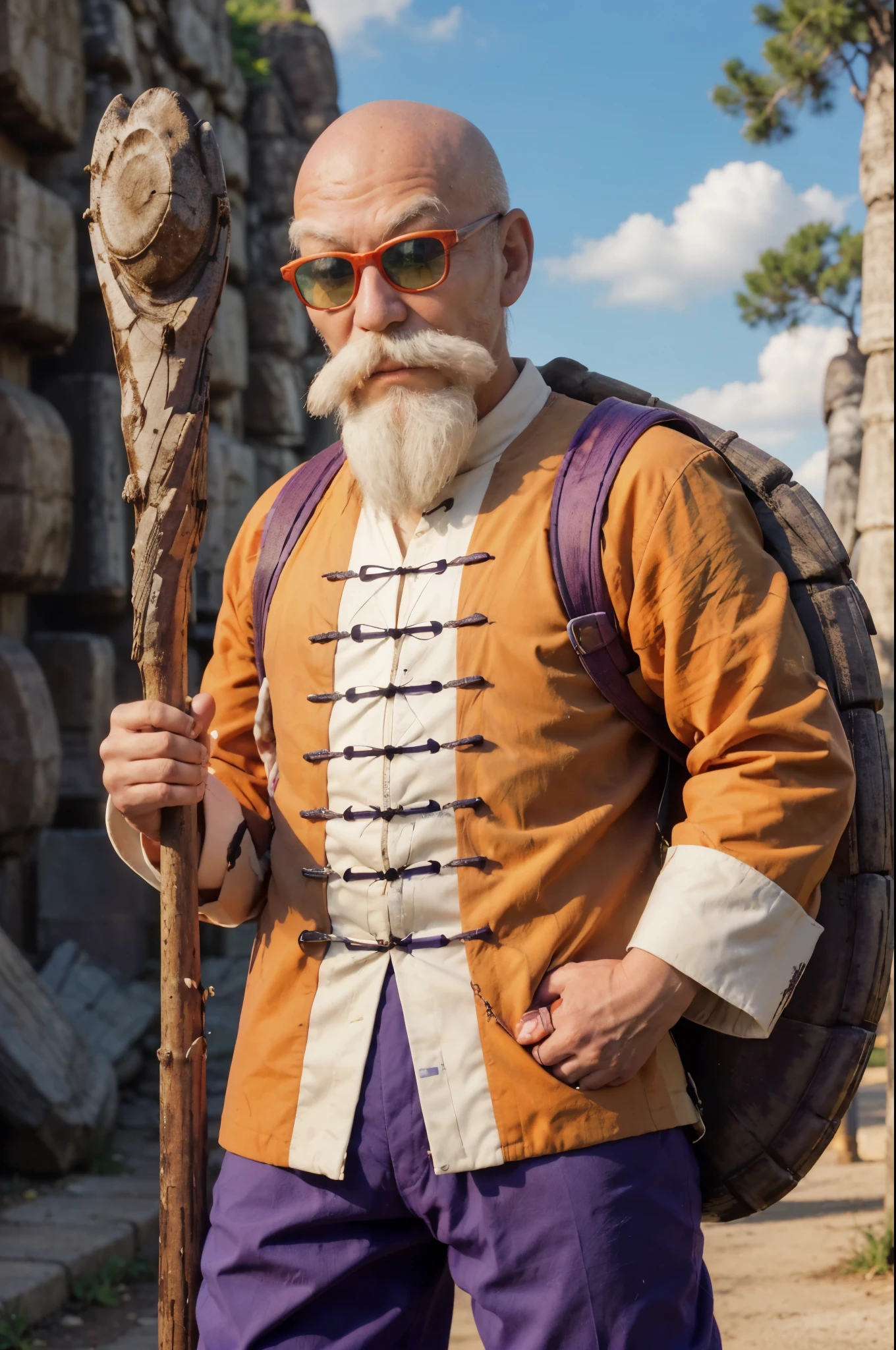 focus, solo,((chinese clotheald, old man, beard, sunglasses, white hair, (purple turtle shell), mustache, arm behind back, standing, full body, (holding staff), red-framed eyewear, orange jacket, (blue pants), cliff, tree, blue flats, backpack, green-tinted eyewear (brown staff),long sleeves,ultra sharp