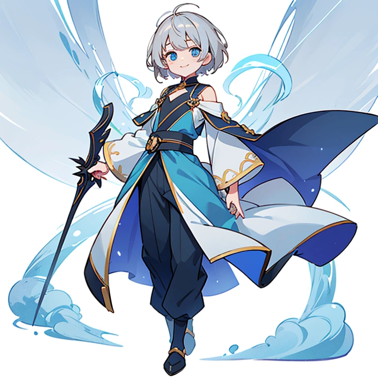 Gray hair、beautiful hairl、short-hair、Cuticle hair、Blue eyes、((male people))、((A slight smil))、Calm、Gentle、Full body like、sorcerer、Knee-length trousers、Shoulder out、rod、Standing Picture、White background、top-quality、8K、detaileds、precision、high-level image quality