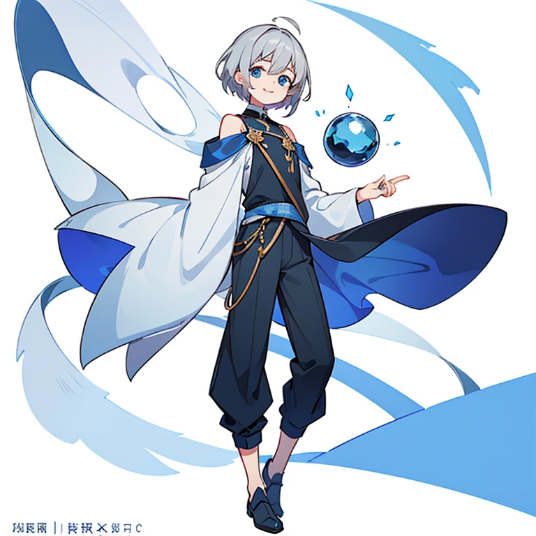 Gray hair、beautiful hairl、short-hair、Cuticle hair、Blue eyes、((male people))、((A slight smil))、Calm、Gentle、Full body like、sorcerer、Knee-length trousers、Shoulder out、rod、Standing Picture、White background、top-quality、8K、detaileds、precision、high-level image quality