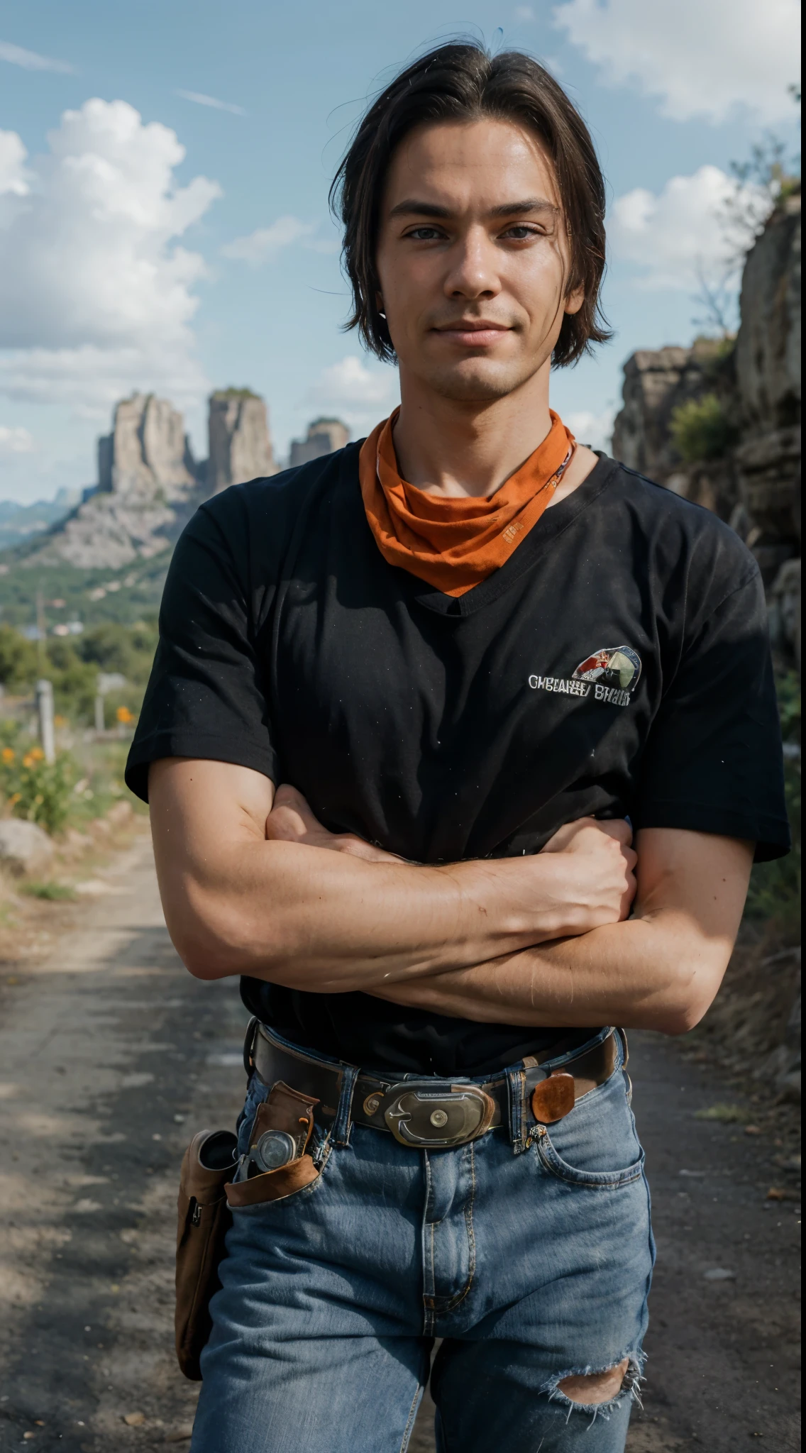 (8k, best quality, masterpiece:1.2), (finely detailed),android 17,cowboy shot, solo, 1boy, black hair, blue eyes, male focus, brown belt, looking at viewer, jeans, closed mouth, (black shirt), orange bandana, smile, white sleeves,crossed arms, standing, rock, short hair, cloudy sky, layered shirt, parted hair, debris, outdoors, emphasis lines, plateau, mountain, road, cliff, red patch, (pouch, holster, multiple belts).gun