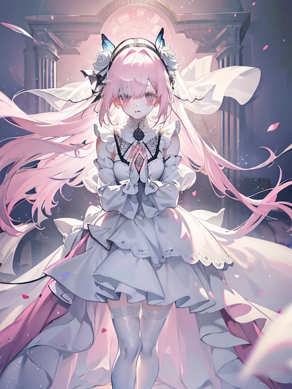silber hair，butterflys，Long grey hair，Light pink wedding dresses，8k wallpaper，detailedbackground，Highest high resolution，Deep V Big，Hair covering one eye，Bandeau Wedding Dress，chies，white roses and pale pink roses，tight fitted，Stockings,(((perfect and cute hands)))