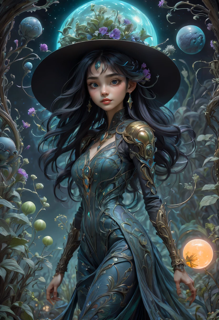 Images of a fascinated witch encountering alien life forms, Illumination of bioluminescent plants, The content is very detailed, hyper realisitc, 10k high resolution, Gouache style, scribble art, Glaslorne, Influenced by Art Nouveau, Given, and future, The Art of Lunar Encryption Wow,
