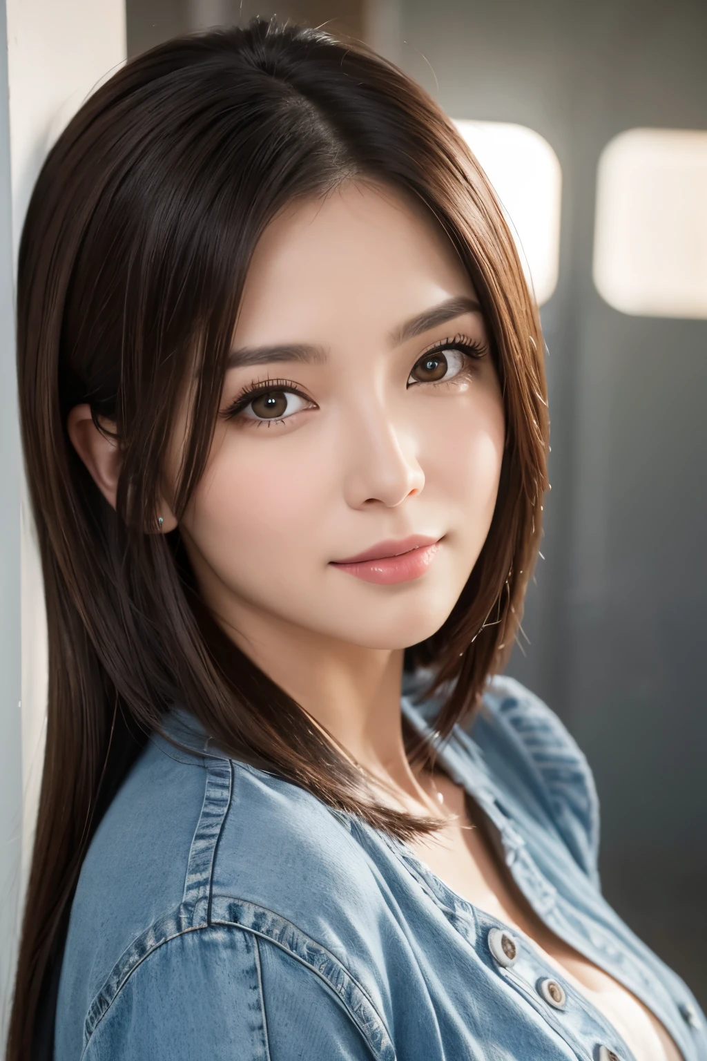 ８K, ultra-detailliert, ​masterpiece, top-quality, Photorealsitic, Detailed face, Detailed eyes, 30-year-old woman with, 1 persons, Cute face, The lower lip is thick and plump, Facing the front, Nice Body, (Look at viewers), Gorgeous hairstyle, thin clothes, well-shaped bust