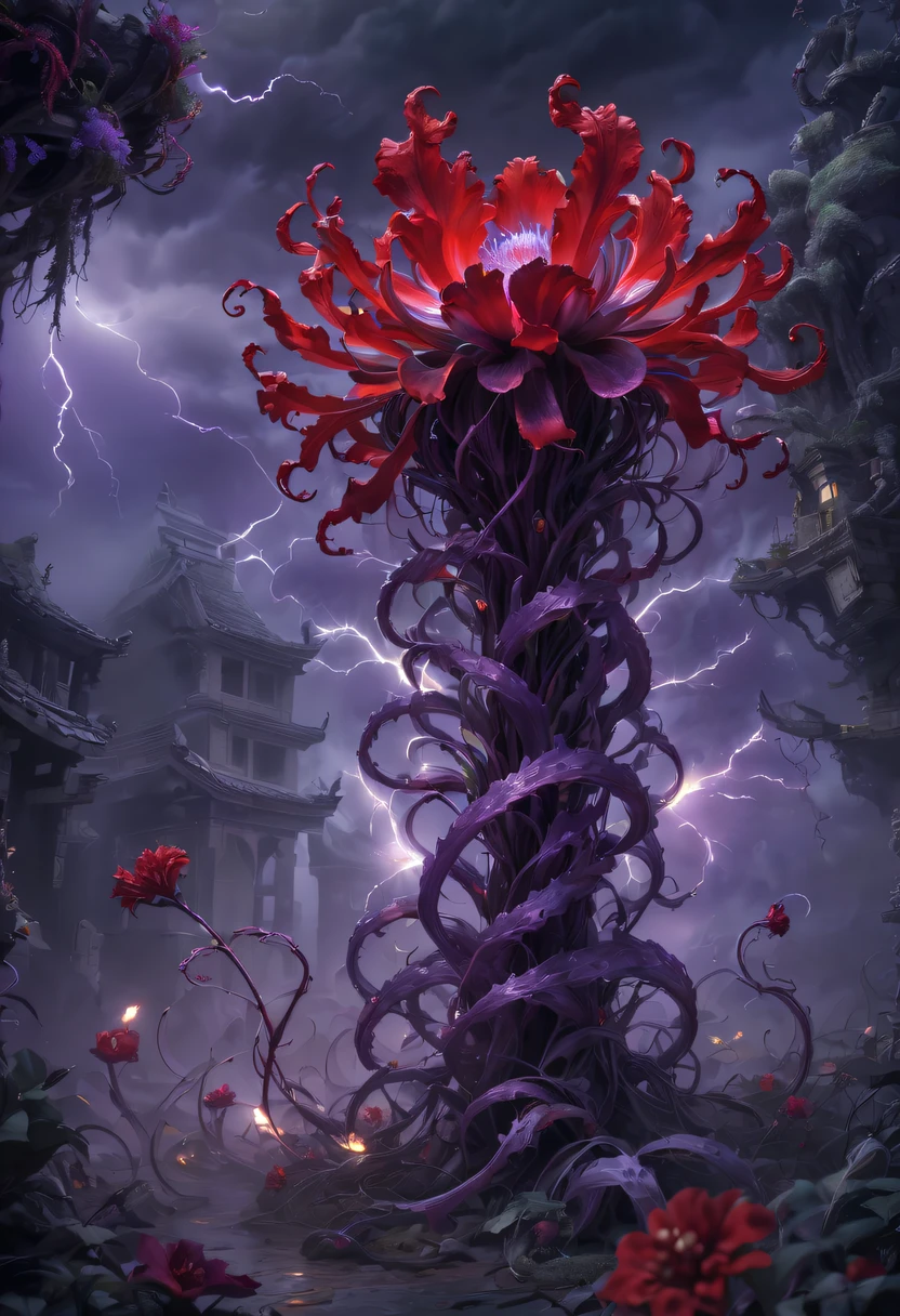 Magical plant from the abyss, the ghost flower, ghost flower,Blood-red tentacles stare at the dead，carismatic，Incredible，terror，Wrapped purple magic lightning, epic magic power, The corolla shines brightly, Electric Power Branch, epic thunderstorm, terror冲击, Surreal, Crazy, Whimsical, Octagonal rendering, iintricate,