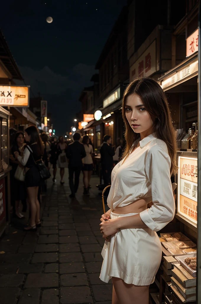 dim orange moonlighting,dim orange neonlighting,night,A beautiful woman wearing school uniform on the bustling streets of Gintama, surrounded by vendors, beautiful portrait of a stunning goddess girl, beautiful detailed face, porcelain skin, full body shot, centered, ultra soft lighting, symmetry, intricate, elegant, highly detailed, photorealistic, artstation, concept art, smooth, as imagined by greg rutkowski and borris vallejo, cover, vogue style