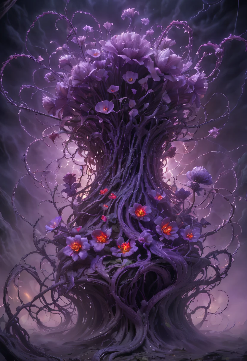 Magical plant from the abyss, the ghost flower, ghost flower,Blood-red tentacles stare at the dead,carismatic,Incredible,terror,Wrapped purple magic lightning, epic magic power, The corolla shines brightly, Electric Power Branch, epic thunderstorm, terror冲击, Surreal, Crazy, Whimsical, Octagonal rendering, iintricate,