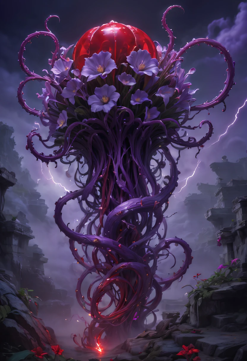 Magical plant from the abyss, the ghost flower, ghost flower,Blood-red tentacles stare at the dead，carismatic，Incredible，terror，Wrapped purple magic lightning, epic magic power, The corolla shines brightly, Electric Power Branch, epic thunderstorm, terror冲击, Surreal, Crazy, Whimsical, Octagonal rendering, iintricate,