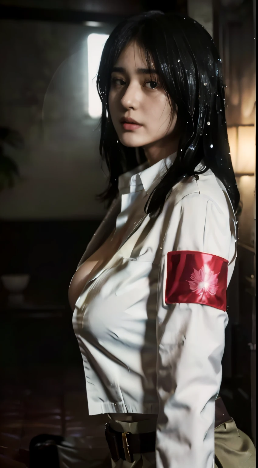 (Best quality,8K）,beuaty girl,Outdoor sports,1 girl，Khaki jacket，white  shirt, 《attack on titans》Pique, attack on titans的秘密艺术, W Loppuuu glowing skin, Open V-shaped corset，Lop，Bust size and work，humongous large breast，an oppai cyberpunk， glowing skin, Japan goddess, The skin is wet and shiny!!, Shaded and NSFW, photorealistic perfect body, Realistic gravure idols, Hyper-realistic picture, an oppai cyberpunk, beautiful detailed body and face，（fullnade：1.5）