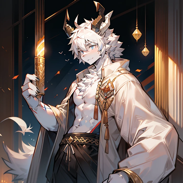 shaggy,male people,youth,Dragon's horns,Gray-white skin with some scalelack pupils,Strong body,Light coat,Ancient style cultivating master,the only person