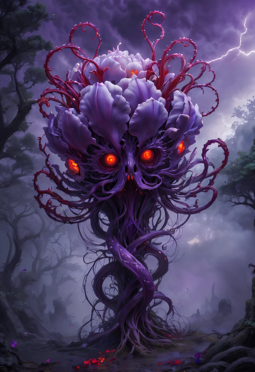 Magical plant from the abyss, the ghost flower, ghost flower,Blood-red tentacles stare at the dead,carismatic,Incredible,terror,Wrapped purple magic lightning, epic magic power, The corolla shines brightly, Electric Power Branch, epic thunderstorm, terror冲击, Surreal, Crazy, Whimsical, Octagonal rendering, iintricate,