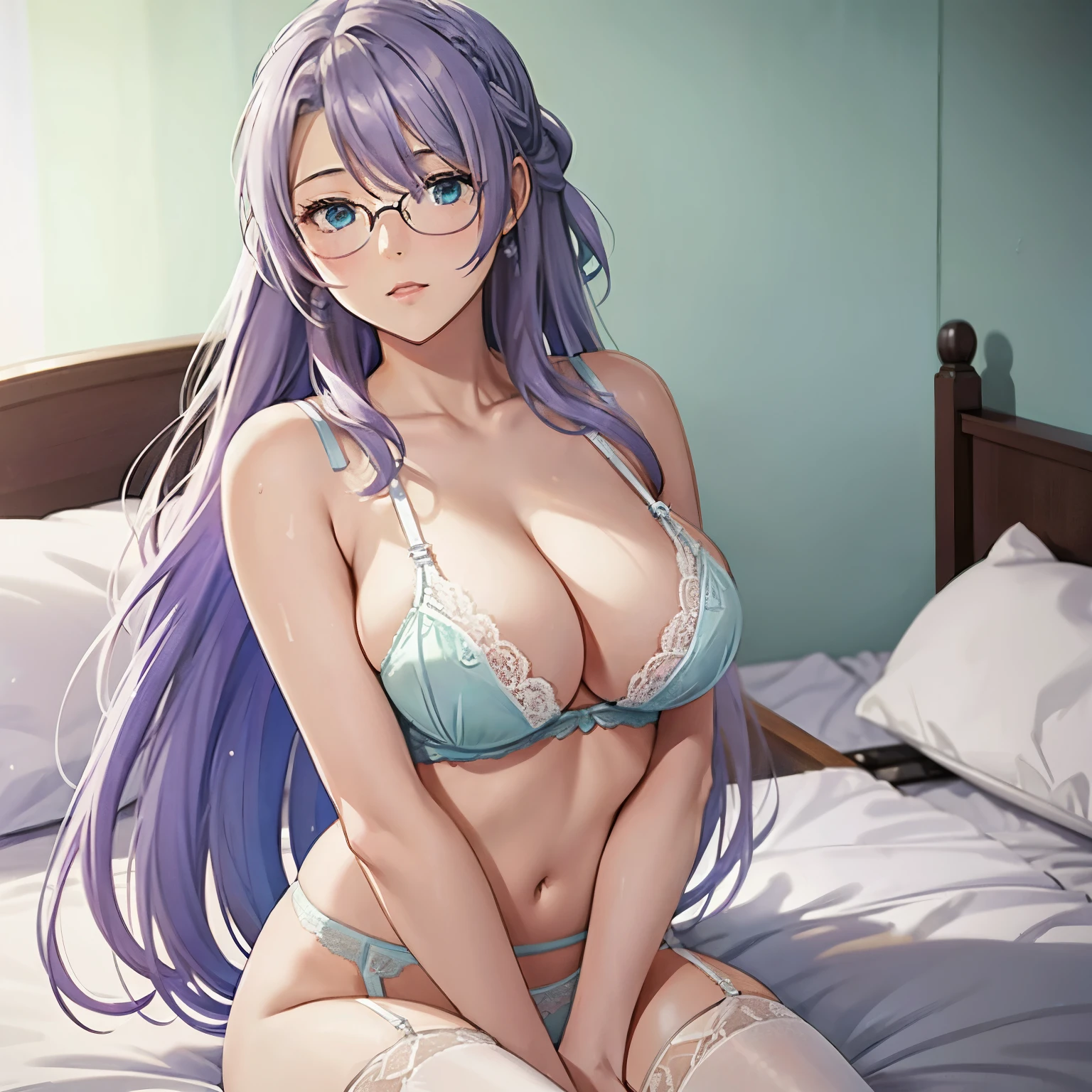 1 girl, lavender hair, long hair, lavender mature half updo, bangs hanging on the left side shoulder length hair strands hanging on either side tucked behind ears, light blue green eyes, Women's rimless glasses, large breast, white bra, white lace panties, white stocking with garter belt, nipple perked out from under bra, she wet, inside, sleeping in bed, she grabbed her breast, perfect finger shape, the number of fingers is not excessive