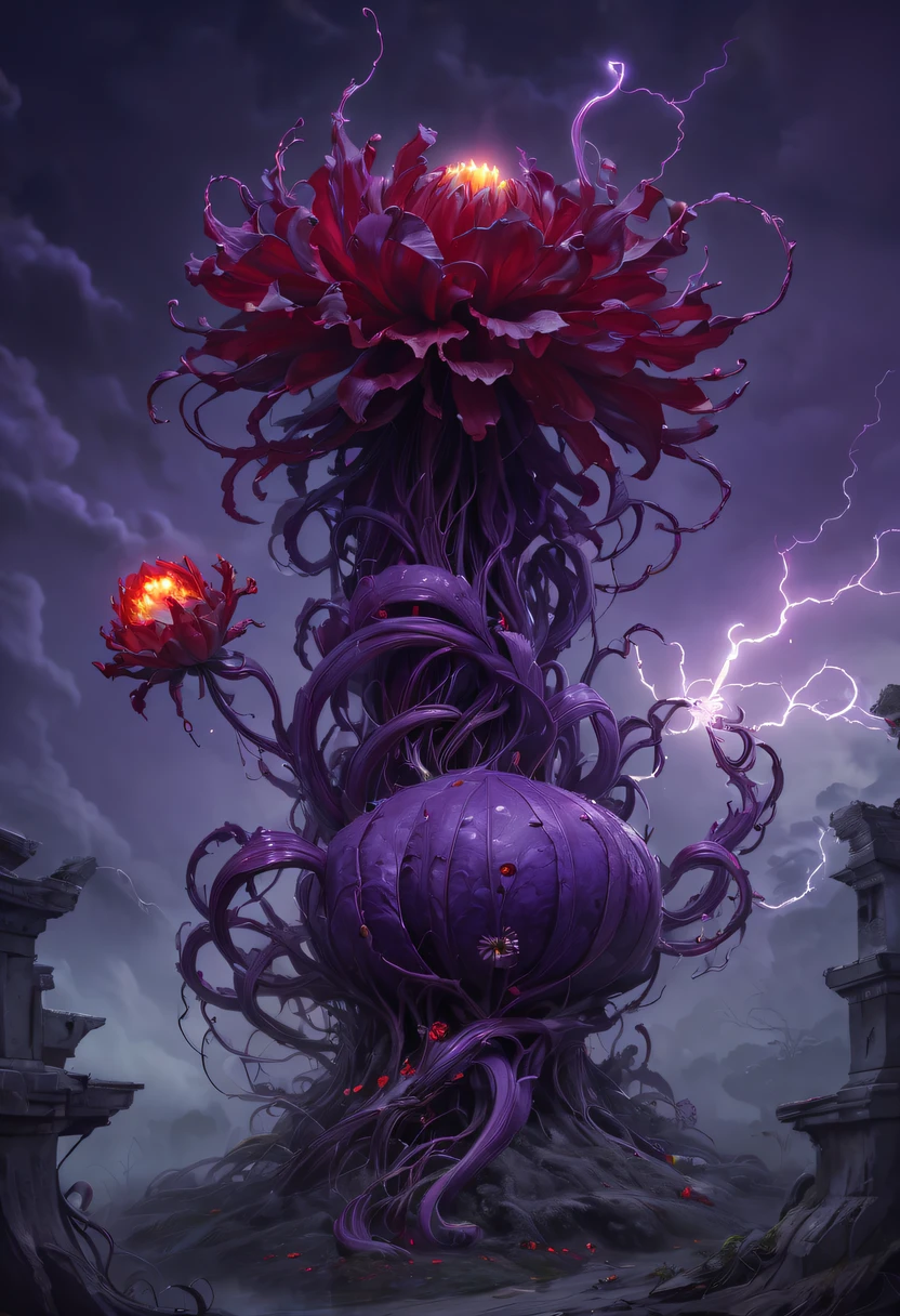 Magical plant from the abyss, the ghost flower, ghost flower,Blood-red tentacles stare at the dead，carismatic，Incredible，terror，Wrapped purple magic lightning, epic magic power, The corolla shines brightly, Electric Power Branch, epic thunderstorm, terror冲击, Surreal, Crazy, Whimsical, Octagonal rendering, iintricate,