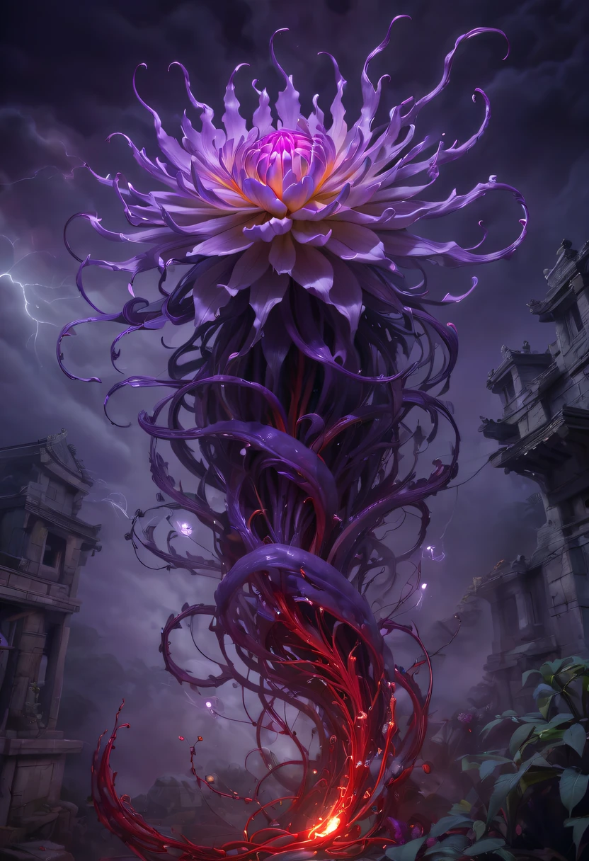 Magical plant from the abyss, the ghost flower, ghost flower,Blood-red tentacles stare at the dead,carismatic,Incredible,terror,Wrapped purple magic lightning, epic magic power, The corolla shines brightly, Electric Power Branch, epic thunderstorm, terror冲击, Surreal, Crazy, Whimsical, Octagonal rendering, iintricate,