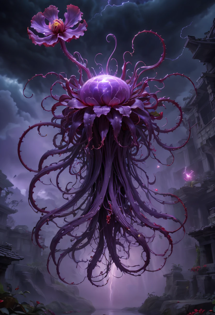 Magical plant from the abyss, the ghost flower, ghost flower,Blood-red tentacles stare at the dead,carismatic,Incredible,terror,Wrapped purple magic lightning, epic magic power, The corolla shines brightly, Electric Power Branch, epic thunderstorm, terror冲击, Surreal, Crazy, Whimsical, Octagonal rendering, iintricate,