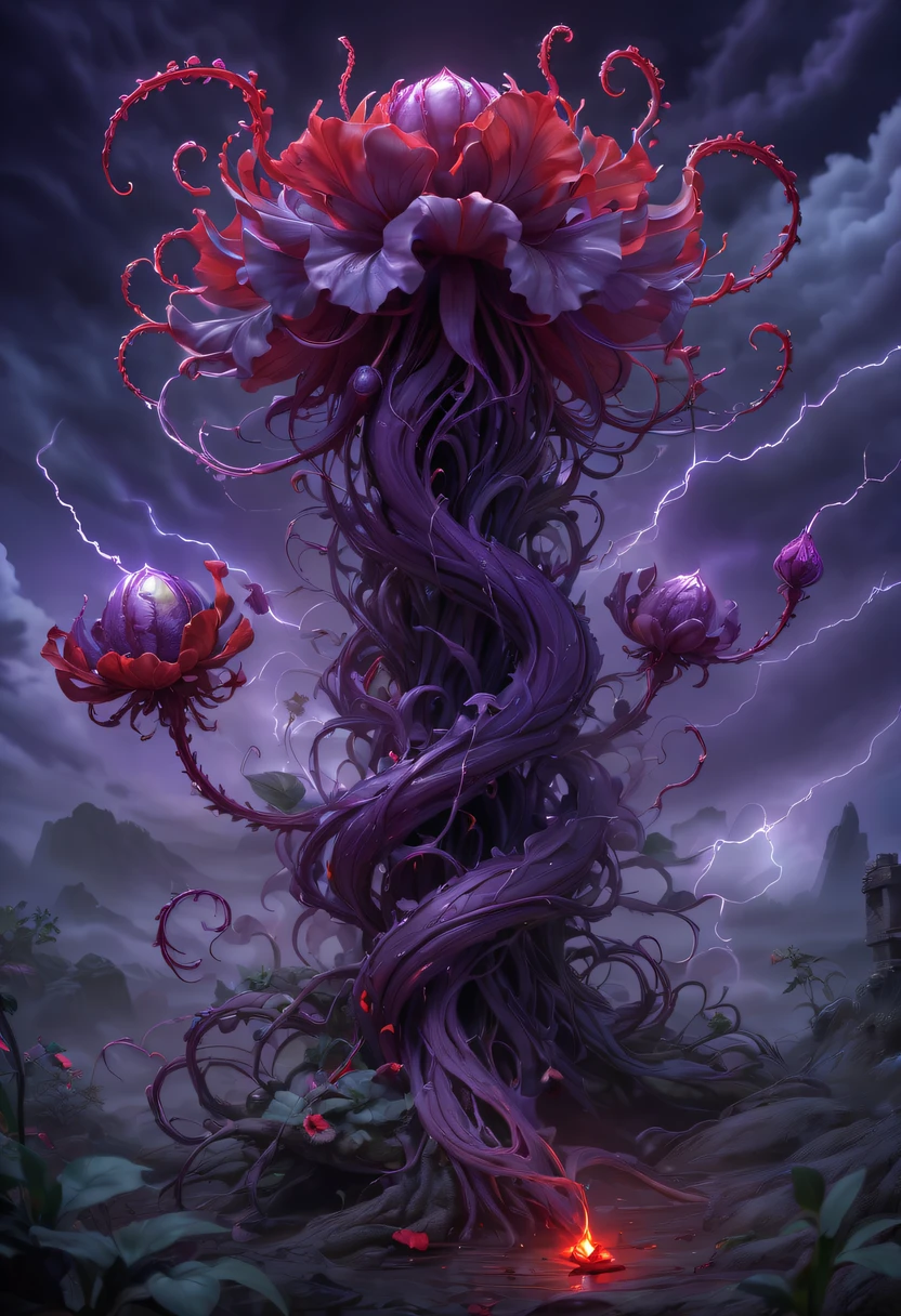 Magical plant from the abyss, the ghost flower, ghost flower,Blood-red tentacles stare at the dead,carismatic,Incredible,terror,Wrapped purple magic lightning, epic magic power, The corolla shines brightly, Electric Power Branch, epic thunderstorm, terror冲击, Surreal, Crazy, Whimsical, Octagonal rendering, iintricate,