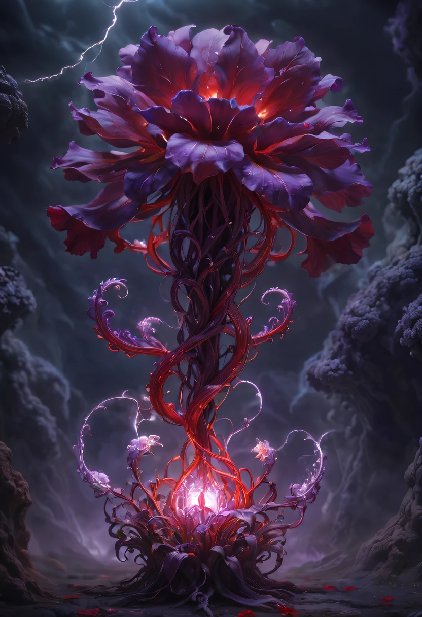 Magical plant from the abyss, the ghost flower, ghost flower,Blood-red tentacles stare at the dead，carismatic，Incredible，terror，Wrapped purple magic lightning, epic magic power, The corolla shines brightly, Electric Power Branch, epic thunderstorm, terror冲击, Surreal, Crazy, Whimsical, Octagonal rendering, iintricate,