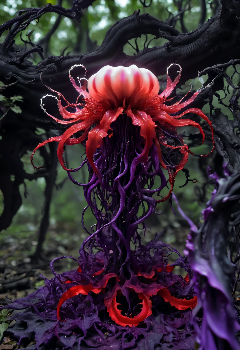 Magical plant from the abyss, the ghost flower, ghost flower,Blood-red tentacles stare at the dead，carismatic，Incredible，terror，Wrapped purple magic lightning, epic magic power, The corolla shines brightly, Electric Power Branch, epic thunderstorm, terror冲击, Surreal, Crazy, Whimsical, Octagonal rendering, iintricate,