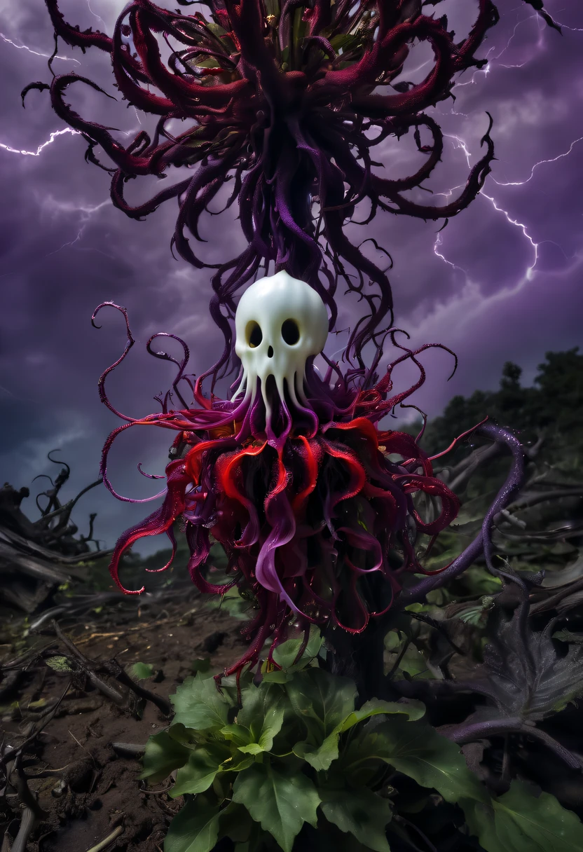 Magical plant from the abyss, the ghost flower, ghost flower,Blood-red tentacles stare at the dead,carismatic,Incredible,terror,Wrapped purple magic lightning, epic magic power, The corolla shines brightly, Electric Power Branch, epic thunderstorm, terror冲击, Surreal, Crazy, Whimsical, Octagonal rendering, iintricate,