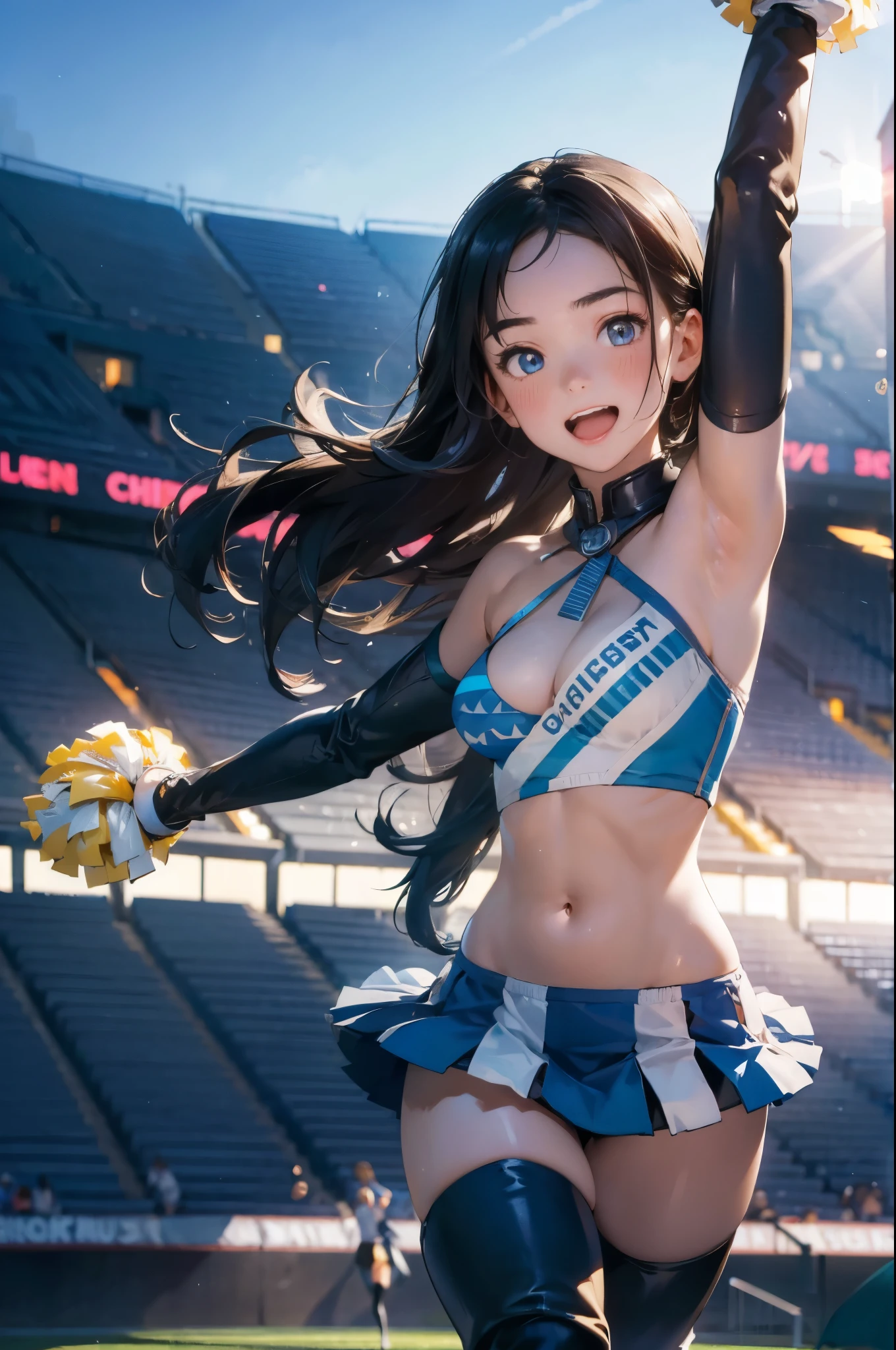 ((Best Quality, 8k, photo realistic:1.4, Masterpiece)), back Lighting, highly detailed facial textures women, 18yo, (((blue sleeveles Cheerleader:1.2))), ((Stadium Background: 1.2)), japanese, asian, full body, 25yo, extremely cute, arm up, armpits, ultra-detailed skin, beautiful make up, beautiful eyes, detailed eyes, smile, open mouth, cute round face, detached sleeve, ((thigh high boots))