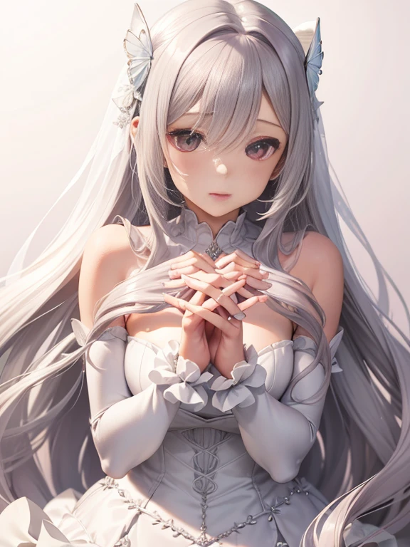 silber hair,butterflys,Long grey hair,Light pink wedding dresses,8k wallpaper,detailedbackground,Highest high resolution,Deep V Big,Hair covering one eye,Bandeau Wedding Dress,chies,white roses and pale pink roses,tight fitted,Stockings,(((perfect and cute hands)))