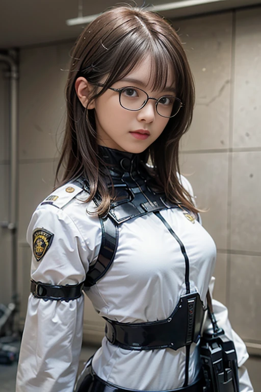 ((Highly detailed CG Unity 8K wallpapers, Photorealsitic, top-quality, ​masterpiece:1.2)), Facing straight ahead, (Perfect Anatomy:1.25), ultra-detailliert, Natural eyes, 1lady, android woman, cyberpunked, 24 only, Take a standing pose, wearing futuristic black military uniform, (Carrying a gun, Beautiful Female Soldier, girl wearing latex suit, black intricate combat uniform, I like police uniforms, full armor mechanic suit, reactive armor plate, shoulder multi rocket pod, military harness, Ammunition such as pouch type ammunition, robot style, Swat, Metropolitan Police Department, city police, (Slim body:1.2, Small buff), (slender:1.2, Slim lower body), (Black-rimmed glasses:1.2), Shiny brown hair, (Medium Hair:1.2), Gray concrete wall background, A face full of anxiety, In a dark basement, Super emotional and epic movie lighting,