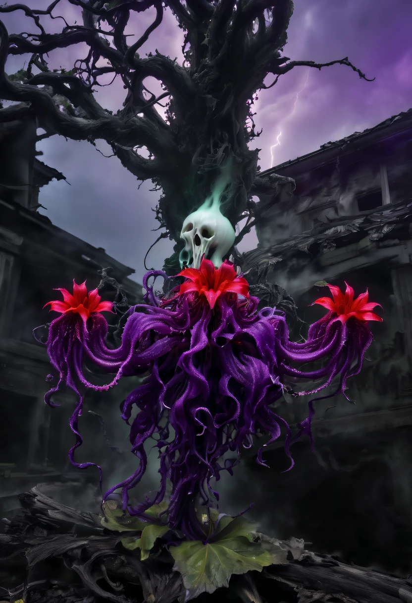 Magical plant from the abyss, the ghost flower, ghost flower,Blood-red tentacles stare at the dead,carismatic,Incredible,terror,Wrapped purple magic lightning, epic magic power, The corolla shines brightly, Electric Power Branch, epic thunderstorm, terror冲击, Surreal, Crazy, Whimsical, Octagonal rendering, iintricate,