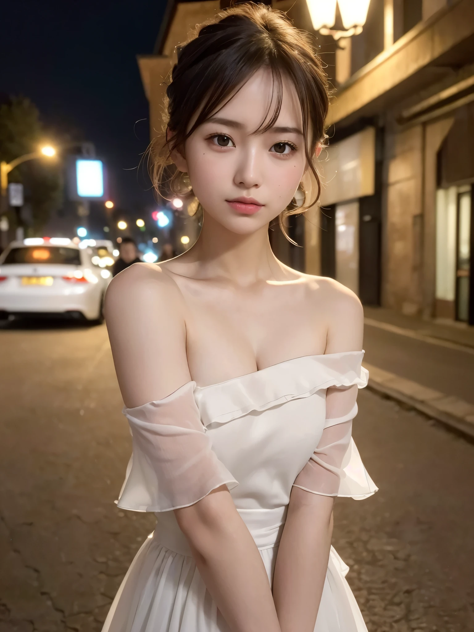 ((top quality, 8k, masterpiece: 1.3, raw photo)), Sharp Focus: 1.2, (1 aespa girl: 1.2), (Realistic, Photorealistic: 1.37), (face focus: 1.1), cute face, small breasts, flat chest, short messy hair, updo, nude, (Off-the-shoulder chiffon dress: 1.2), Beautiful Woman standing Under Street Lamp Light, cinematic lighting, thigh