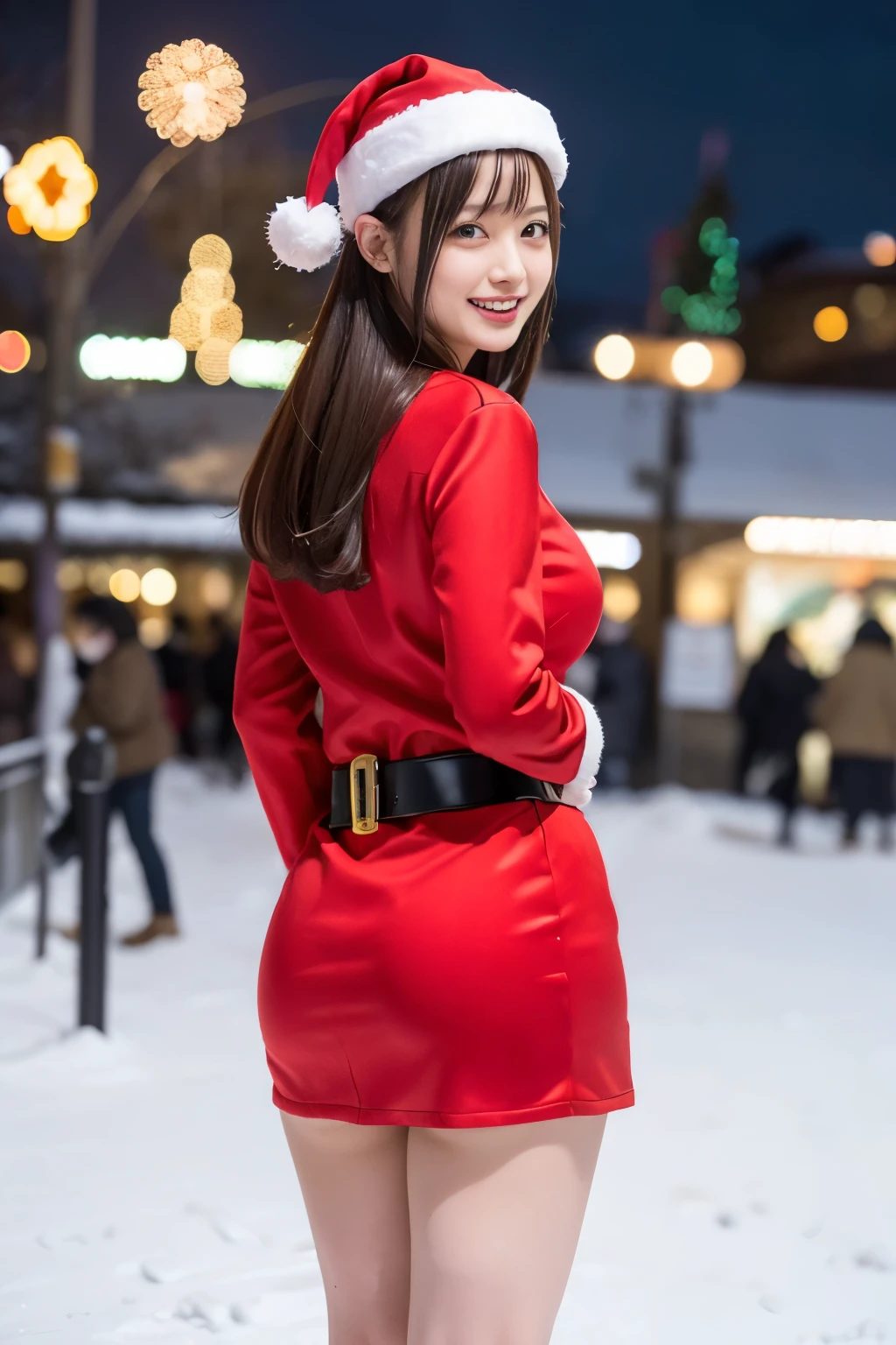 1 Japan women, married woman, A MILF, Mature, goddess of Japan, the extremely hot and sexy, goddess of Japan, large full breasts, Big ass, ((Santa Claus miniskirt costume and hat)), (Wearing:red mini dress trimmed with white fur, Thick black belt, Long Red Leather Boots), (thigh visible), (Cowboy Shot), (Fireworks go off at the amusement park at night), In the snow, (Background: Night city decorated with Christmas illuminations), ((depth of fields)), ((top-quality, 8K, masutepiece:1.3)), full body Esbian, Beautiful woman with perfect body shape:1.4, ((dark brown hair)), Highly detailed facial and skin texture, A detailed eye, 二重まぶた, grin