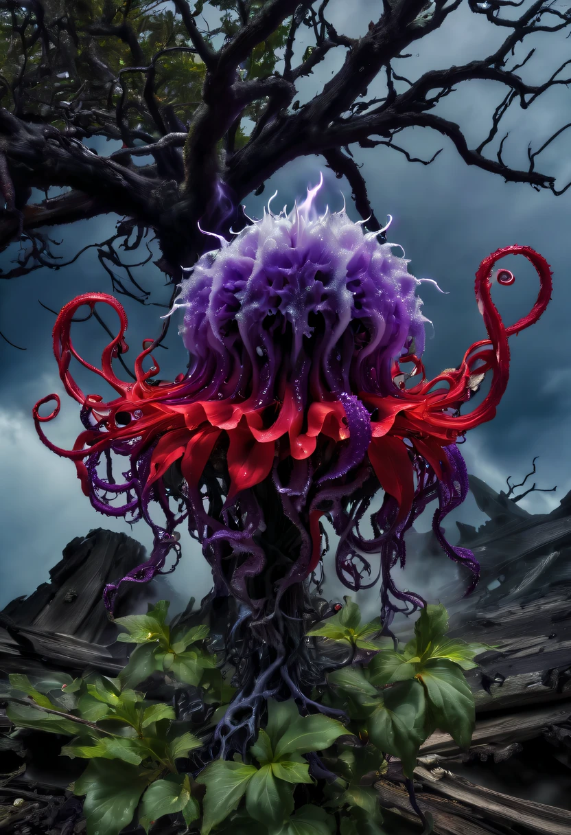 Magical plant from the abyss, the ghost flower, ghost flower,Blood-red tentacles stare at the dead，carismatic，Incredible，terror，Wrapped purple magic lightning, epic magic power, The corolla shines brightly, Electric Power Branch, epic thunderstorm, terror冲击, Surreal, Crazy, Whimsical, Octagonal rendering, iintricate,