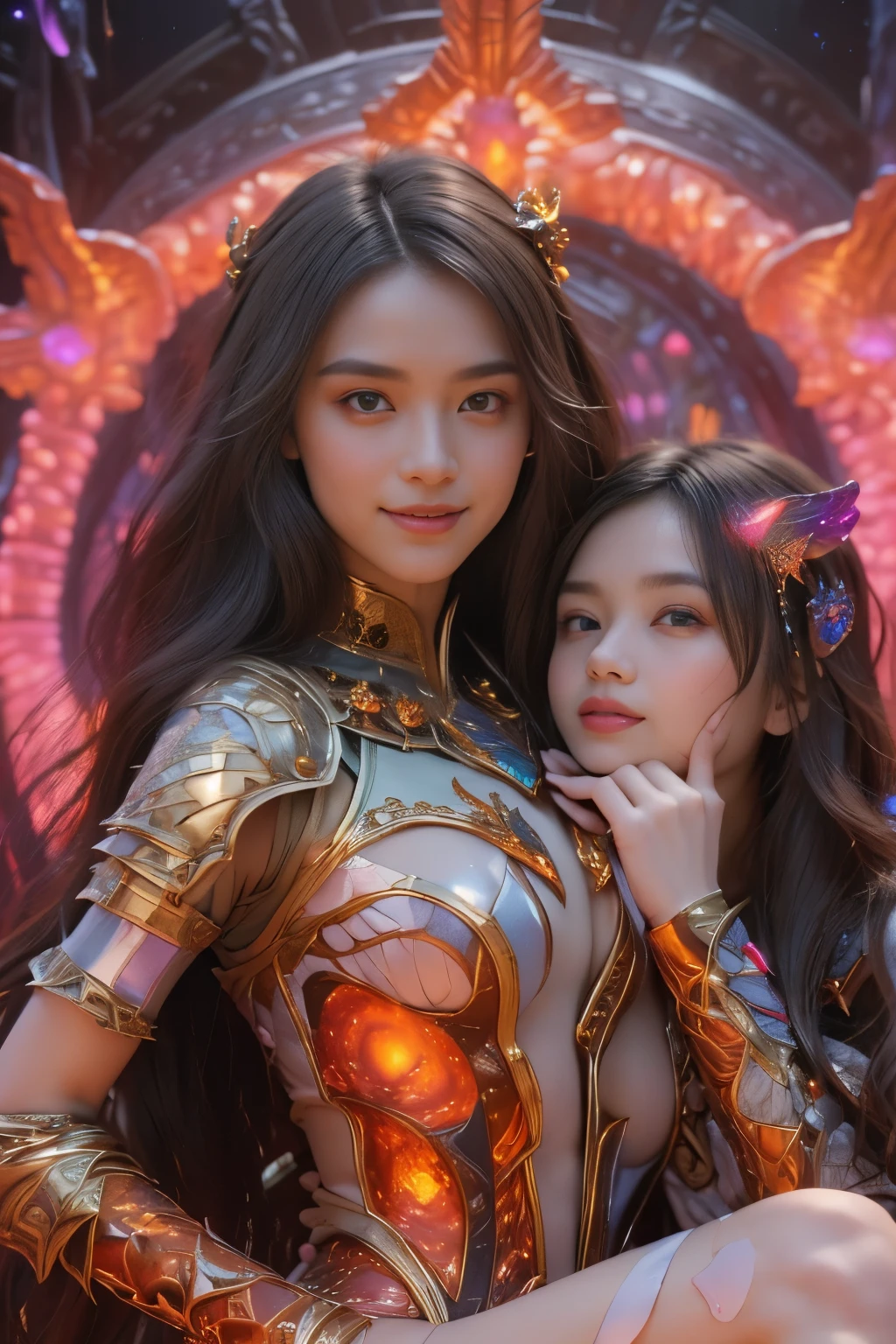 (Two beautiful teenage italian girls:1.6), Close friends, (They are hugging each other:1.2), Kiss her cheek or chest,(Detailed iridescent bodysuit with beautiful fractal or marble design:1.5), Incredible and spectacular scenes, ((High quality)), ((Detailed)), ((Fantasy)), Blue Plasma Brain, Green Plasma Body, Showing her armpits, beutiful breast,  obscenity, (Lewd smile:1.2), coarse, Obscene,  (Immoral:1.2), Lachish, (small breasts with beautiful raised pink areolas,,,:1.5), (Cameltoe), (Expression of ecstasy:1.2), Photorealistic, Official art, Unity 8K Wall , 8K Portrait, Best Quality, Very high resolution, (Incredibly beautiful nature background:1.6), (18 years old:1.5), (Sexy and glamorous:1.1), (A coquettish expression:1.6), (seductively smiling:1.6),  (erotic posing:1.9), (Model Posing:1.8), Beautiful seductive face, Portrait, (Thick eyebrows:1.4), (Big scarlet eyes:1.6), Beautiful eyes with fine symmetry, (Ultra detailed eyes:1.4),(Highly detailed face and eyes:1.7), (High-resolution red-eye:1.8), Intimate face, (ultra detailed skin texture:1.4), White skin, pale skin, Perfect Anatomy, Thin, (Beautiful toned body:1.5), Highly detailed hair,  (Moist skin:1.2), No makeup, (dark circles:1.1), Good anatomy, Focus Face, good-looking, (Emilia Clark:0.6) (Emma watson:0.3),(Jennifer Connelly:0.4),  Elegant face, Nice,  (A delicately crafted necklace is wrapped around her neck...), (Bioluminescence with brilliant brilliance:1.4), (Luminous magic circle:1.5), Ruins of an ancient castle, Shining majestic cloud masses and sky, lightning bolt, Epic Realistic, (Greg Rutkowski:0.8), (teal and orange:0.4), (Art Station:1.5), Cinematic, (NSFW:1.2),  Hyper Detailed, Dramatic light, (Intricate details:1.1), Beautiful black hair,　(Wearing a gauntlet with a dense and very beautiful design decorated with jewels:1.1), Small chest, Galaxy, (nebulas:1.6), The Dark Knight, Fully armored body focus