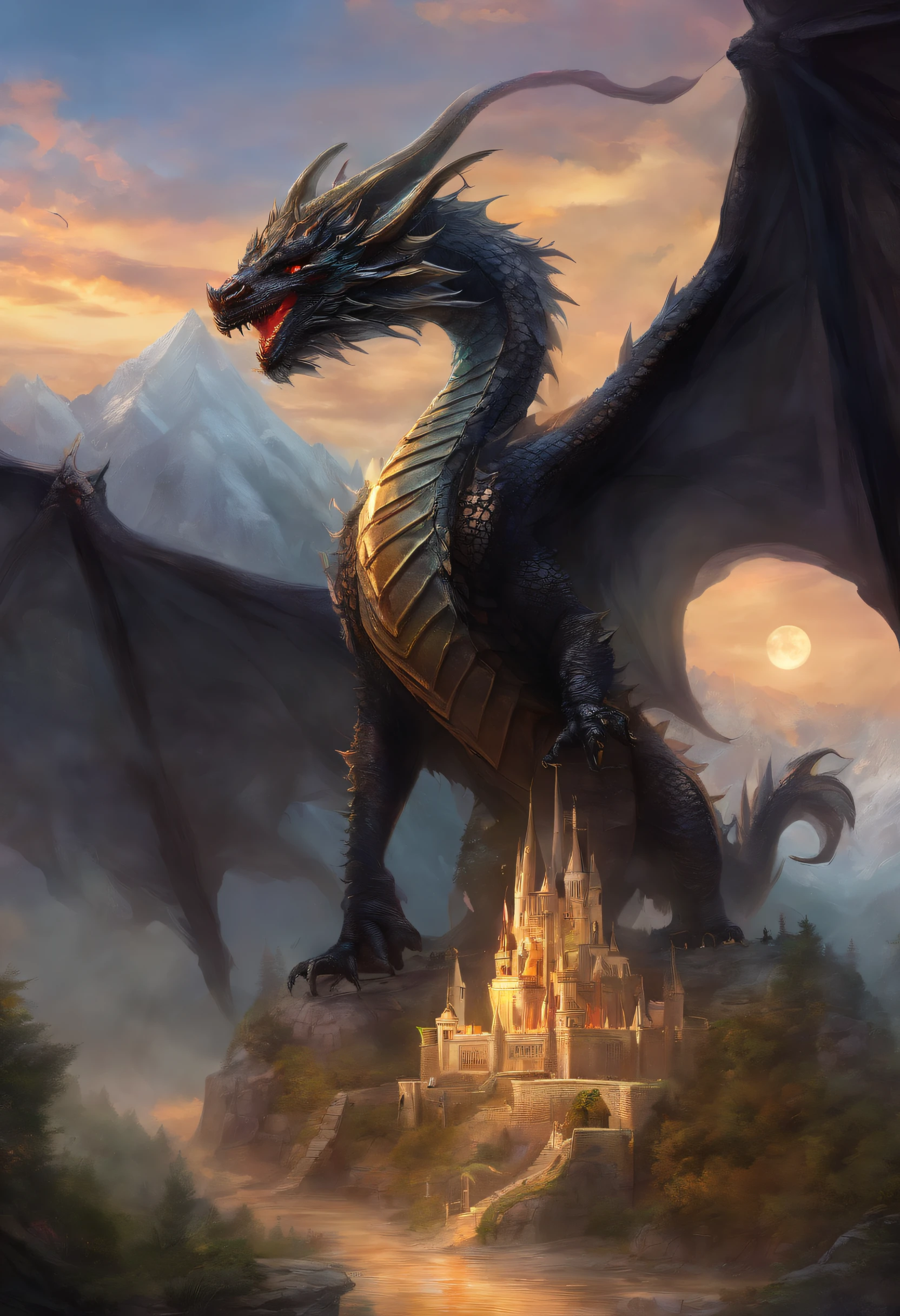 (1 black dragon) with wings spread on top of a castle that is on a mountain , masterpiece, best quality, ultra quality, absurd details, best light, best shadow, sharp, sharp image, detailed, extremely detailed, high resolution, 8k, 4k, uhd, ray tracing, (beautiful effects), (detailed dragon), (no deformed body)