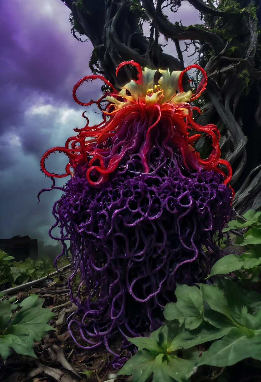 Magical plant from the abyss, the ghost flower, ghost flower,Blood-red tentacles stare at the dead,carismatic,Incredible,terror,Wrapped purple magic lightning, epic magic power, The corolla shines brightly, Electric Power Branch, epic thunderstorm, terror冲击, Surreal, Crazy, Whimsical, Octagonal rendering, iintricate,
