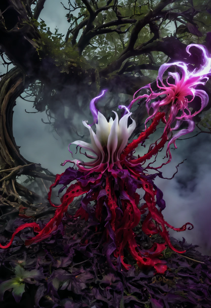 Magical plant from the abyss, the ghost flower, ghost flower,Blood-red tentacles stare at the dead，carismatic，Incredible，terror，Wrapped purple magic lightning, epic magic power, The corolla shines brightly, Electric Power Branch, epic thunderstorm, terror冲击, Surreal, Crazy, Whimsical, Octagonal rendering, iintricate,
