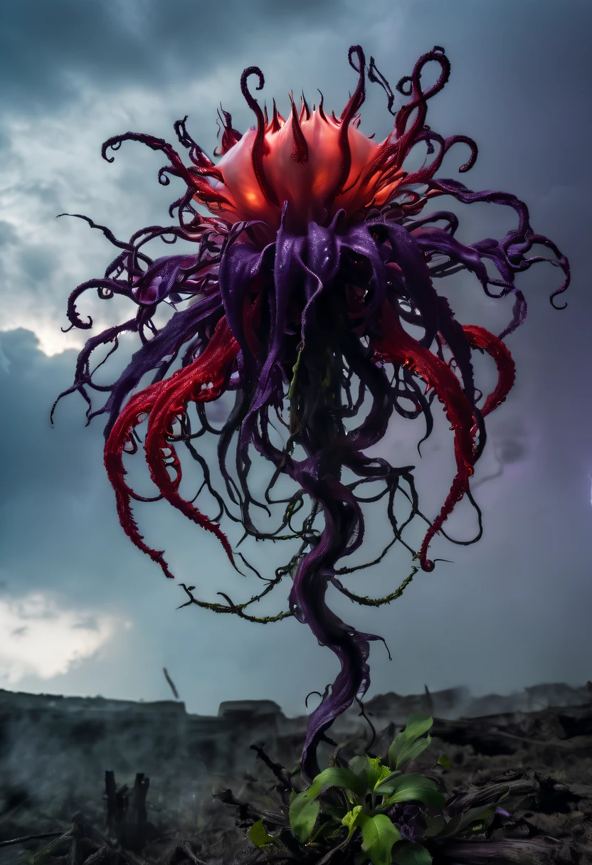 Magical plant from the abyss, the ghost flower, ghost flower,Blood-red tentacles stare at the dead，carismatic，Incredible，terror，Wrapped purple magic lightning, epic magic power, The corolla shines brightly, Electric Power Branch, epic thunderstorm, terror冲击, Surreal, Crazy, Whimsical, Octagonal rendering, iintricate,