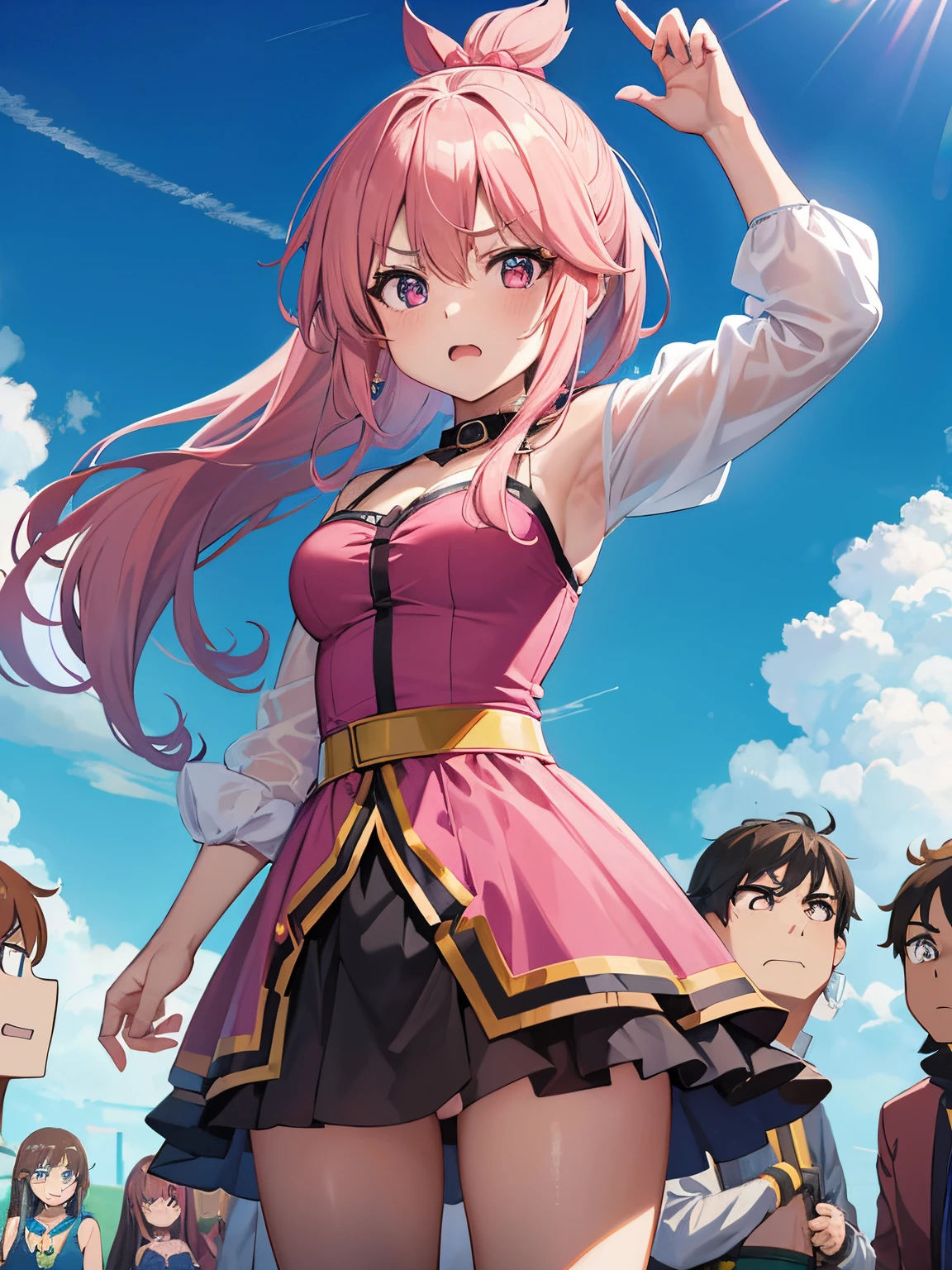 A woman in a pink dress stands in front of the crowd, konosuba anime style, Konosuba, aqua from konosuba, joseph joestar, today's featured anime still, an angry muscular army general, megumin from konosuba, official anime still, Black Magician Girl, an epic anime of tuff luck, Official art