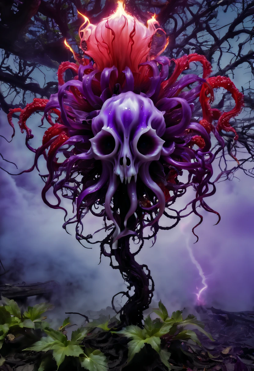 Magical plant from the abyss, the ghost flower, ghost flower,Blood-red tentacles stare at the dead,carismatic,Incredible,terror,Wrapped purple magic lightning, epic magic power, The corolla shines brightly, Electric Power Branch, epic thunderstorm, terror冲击, Surreal, Crazy, Whimsical, Octagonal rendering, iintricate,