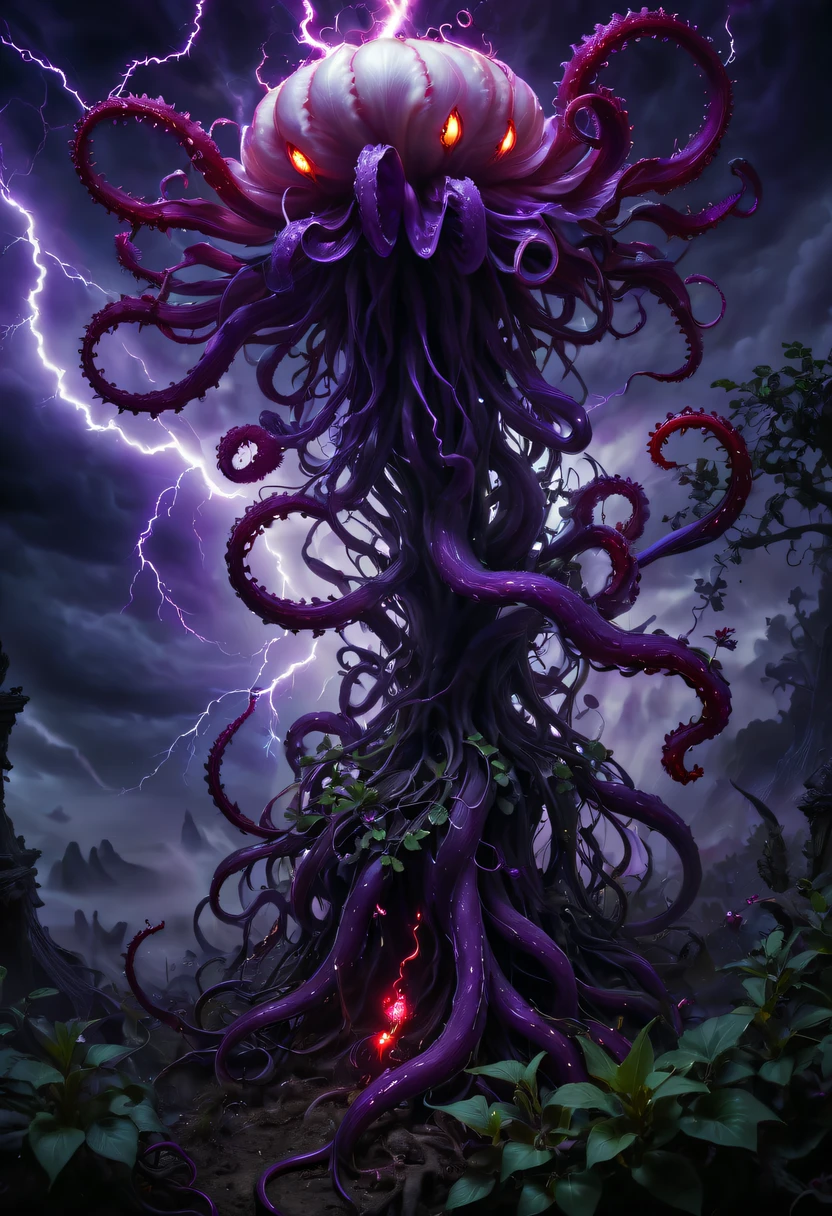 Magical plant from the abyss, the ghost flower, ghost flower,Blood-red tentacles stare at the dead,carismatic,Incredible,terror,Wrapped purple magic lightning, epic magic power, The corolla shines brightly, Electric Power Branch, epic thunderstorm, terror冲击, Surreal, Crazy, Whimsical, Octagonal rendering, iintricate,