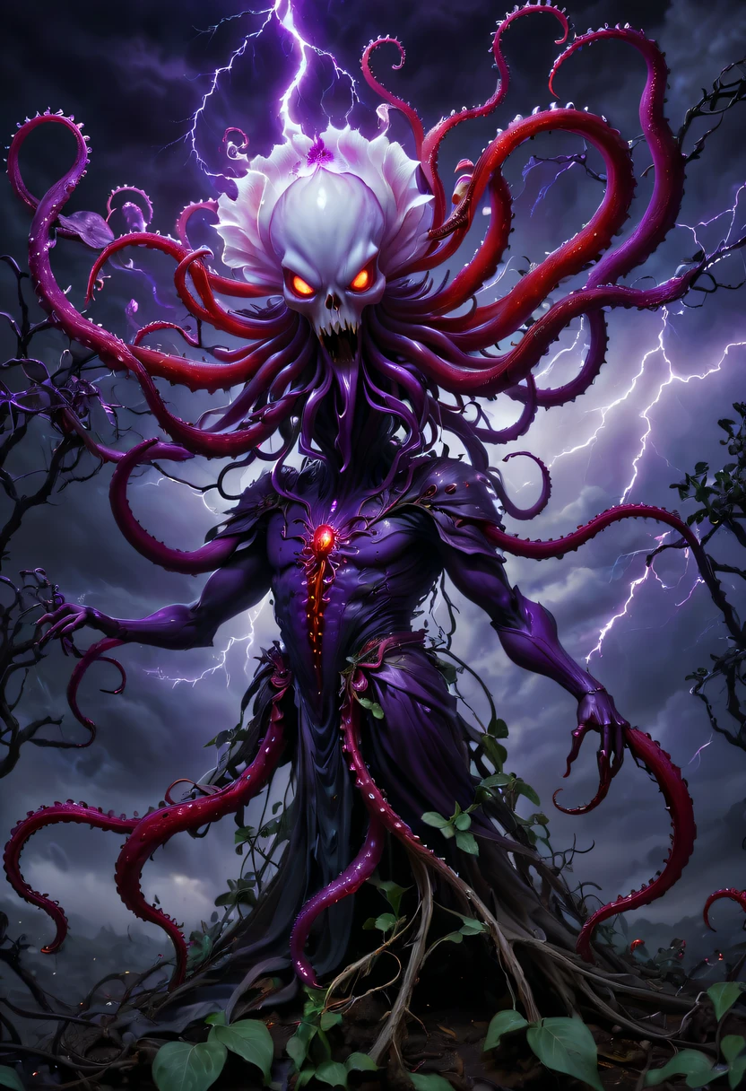 Magical plant from the abyss, the ghost flower, ghost flower,Blood-red tentacles stare at the dead，carismatic，Incredible，terror，Wrapped purple magic lightning, epic magic power, The corolla shines brightly, Electric Power Branch, epic thunderstorm, terror冲击, Surreal, Crazy, Whimsical, Octagonal rendering, iintricate,