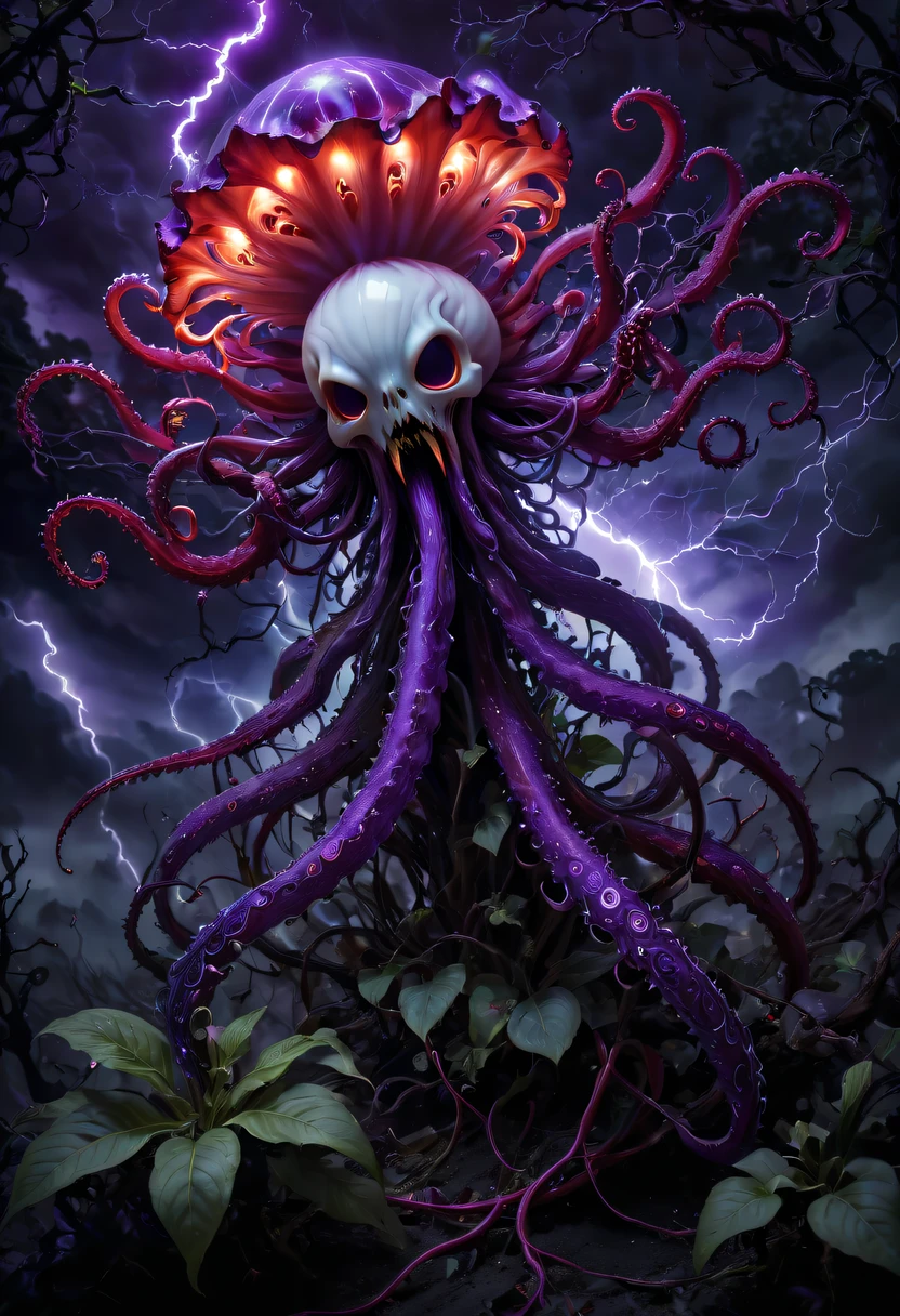 Magical plant from the abyss, the ghost flower, ghost flower,Blood-red tentacles stare at the dead,carismatic,Incredible,terror,Wrapped purple magic lightning, epic magic power, The corolla shines brightly, Electric Power Branch, epic thunderstorm, terror冲击, Surreal, Crazy, Whimsical, Octagonal rendering, iintricate,