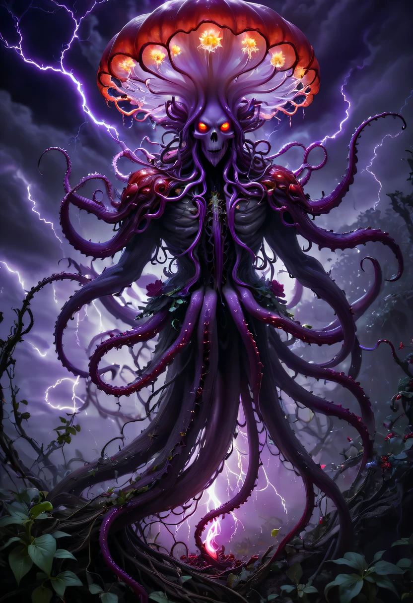 Magical plant from the abyss, the ghost flower, ghost flower,Blood-red tentacles stare at the dead,carismatic,Incredible,terror,Wrapped purple magic lightning, epic magic power, The corolla shines brightly, Electric Power Branch, epic thunderstorm, terror冲击, Surreal, Crazy, Whimsical, Octagonal rendering, iintricate,