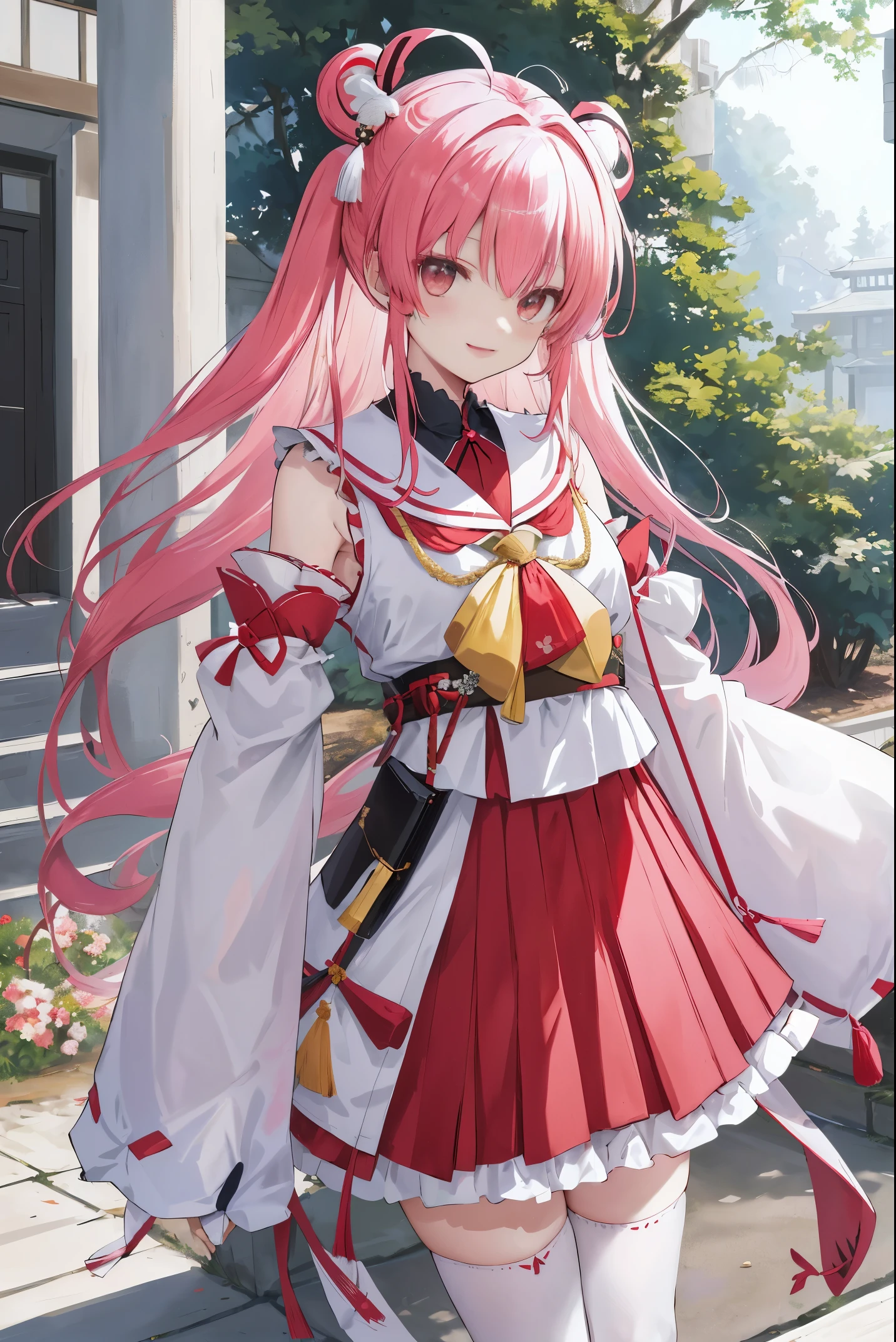 tmasterpiece, Best quality at best, A high resolution, shrine maiden1, SakuraNS_shrine maiden, 1个Giant Breast Girl, bigger_, Alone, ahoge, X_the hair_decorations, Pink_the hair, Floral, the hairclip,(side_Less_The clothes ar:1.5), (side_:1.5), the hair_bell, Floral, long_the hair, the hair between The eye, one side up, White stockings, asymmetrical legeswear, wide the sleeve, avaeak,(Happy:1.3),deactivated_The eye,bigger_ssmile,ascent_leges,plumw,separaegess,(too_long_the sleeve:1.3),(The beautiful_mano指),the sleeve_Past_mano腕,mano_hide_the sleeve,sidelock_The clothes ar,dynamic_posing on a,Alone,hide_mano腕,(XD:1.4),