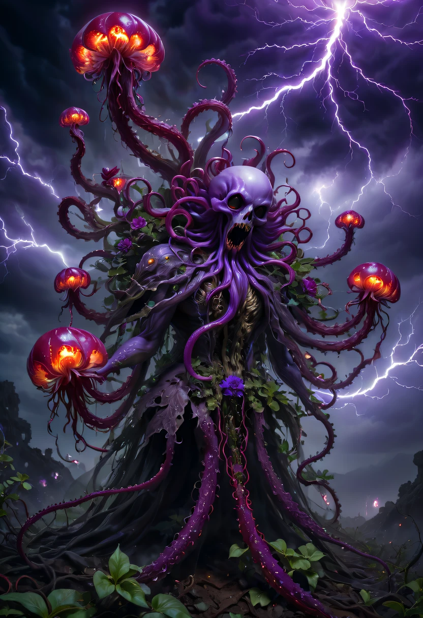 Magical plant from the abyss, the ghost flower, ghost flower,Blood-red tentacles stare at the dead，carismatic，Incredible，terror，Wrapped purple magic lightning, epic magic power, The corolla shines brightly, Electric Power Branch, epic thunderstorm, terror冲击, Surreal, Crazy, Whimsical, Octagonal rendering, iintricate,