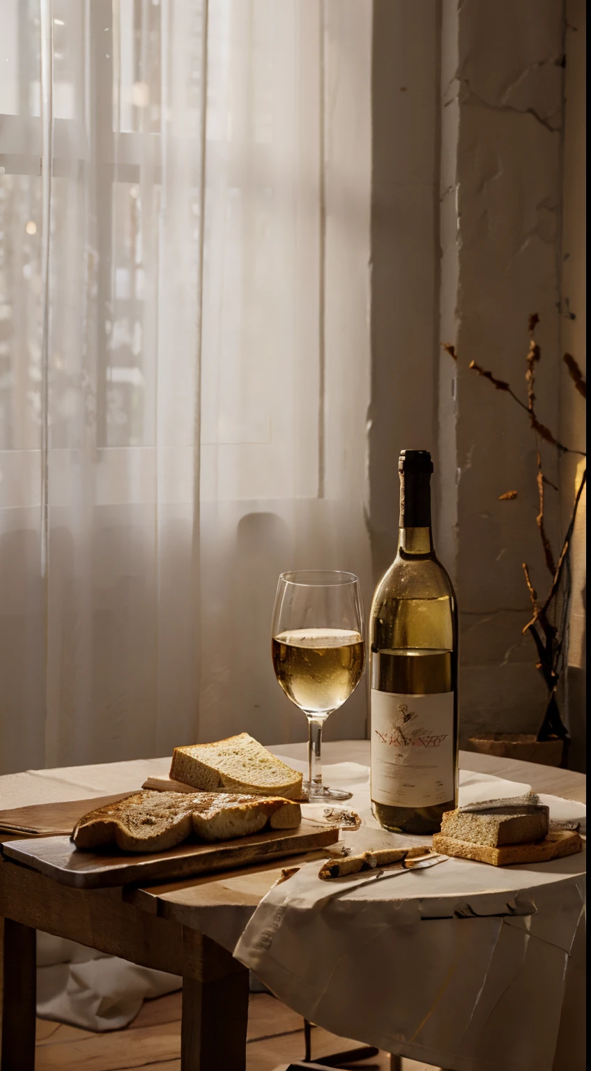 Close-up of the scene,scene capture,photore,tmasterpiece,There is a bottle of white wine on the table、bread and cheese, Napkins and goblets, Window lighting , Background curtains, Still life impasto painting , Deep dark background, white wine label, festive atmosphere,c4d,Empty product display scene,Front view,first person perspective,Heads-up shooting,Real-world scenarios,without humans